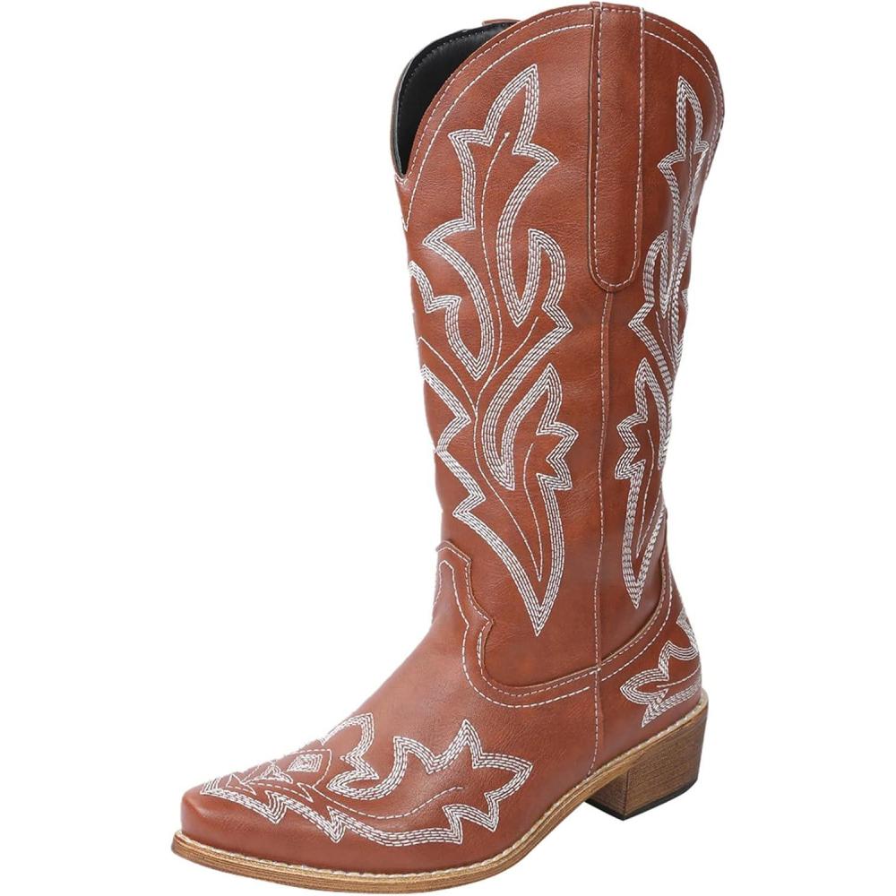 image:imageBottes de cowboy pour femme Bottes western pour femme avec talon entonnoir Bottes basses brodes Bout pointu Bottes dhiver pour femmeMarron