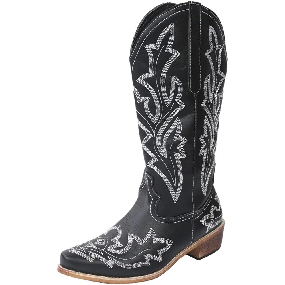 image:imageBottes de cowboy pour femme Bottes western pour femme avec talon entonnoir Bottes basses brodes Bout pointu Bottes dhiver pour femmeNoir