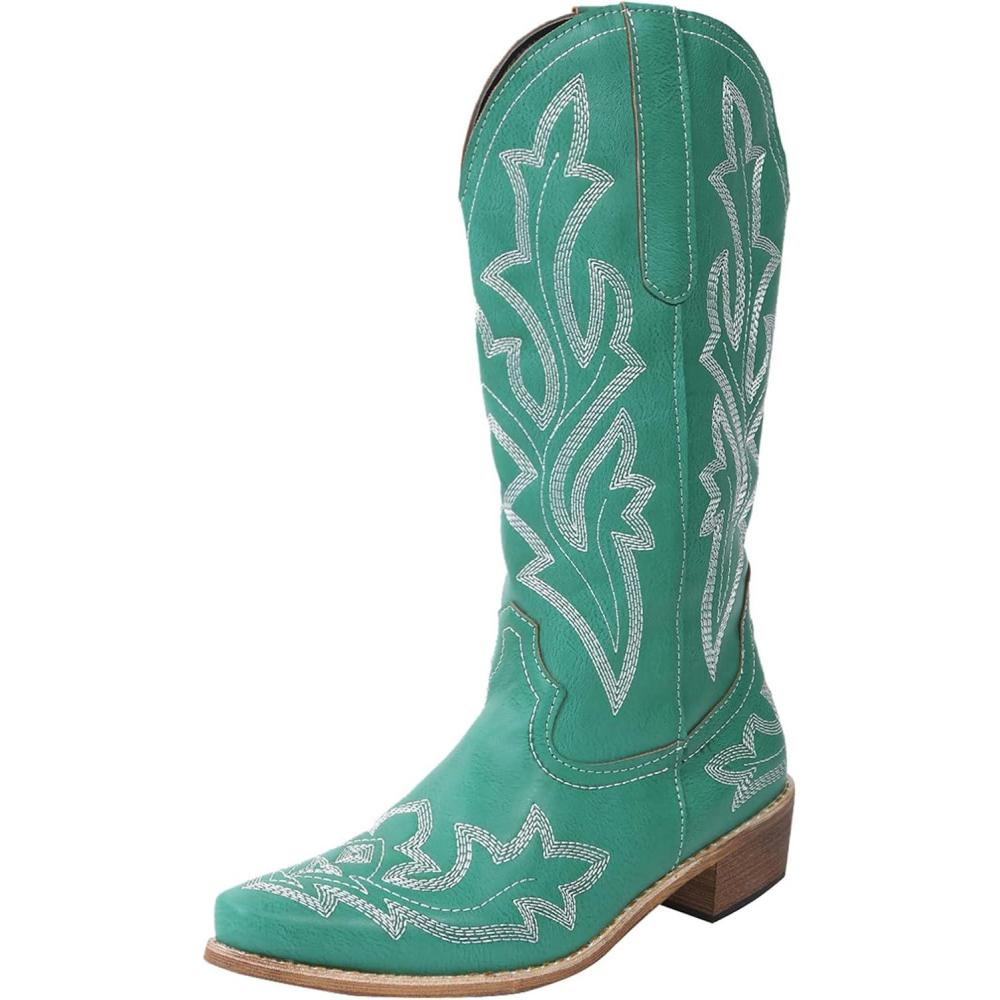 image:imageBottes de cowboy pour femme Bottes western pour femme avec talon entonnoir Bottes basses brodes Bout pointu Bottes dhiver pour femmeVert