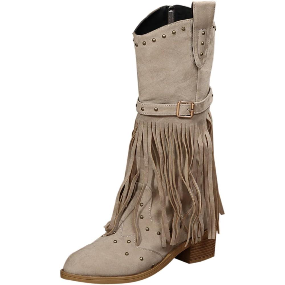 image:imageBottes de cowboy pour femme Printemps et automne Grandes tailles Bottes de cowboy avec talon bloc Bottes western en cuir pointues mdivales Bottes de moto lgantes avec boucle Bottes deBeige