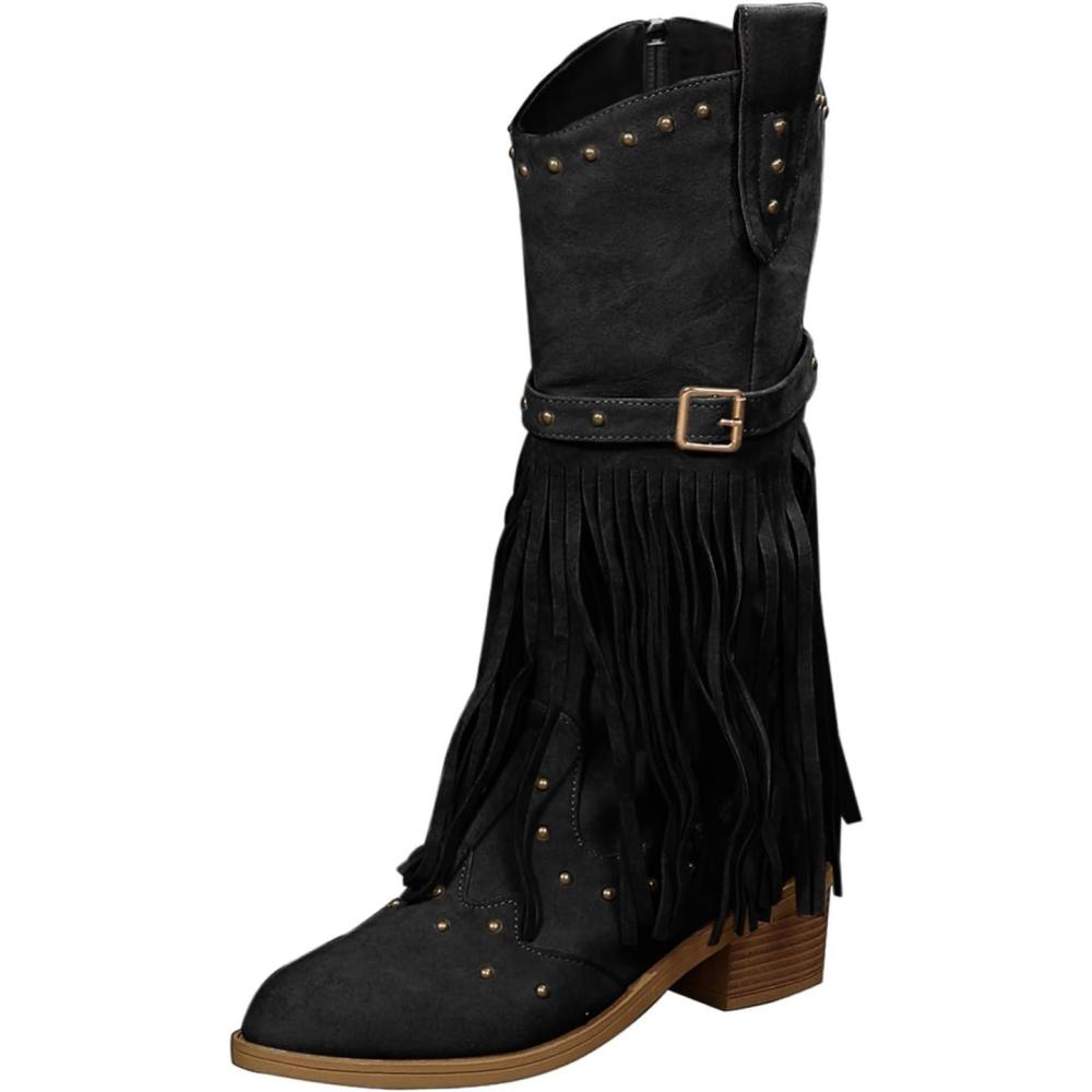 image:imageBottes de cowboy pour femme Printemps et automne Grandes tailles Bottes de cowboy avec talon bloc Bottes western en cuir pointues mdivales Bottes de moto lgantes avec boucle Bottes deNoir