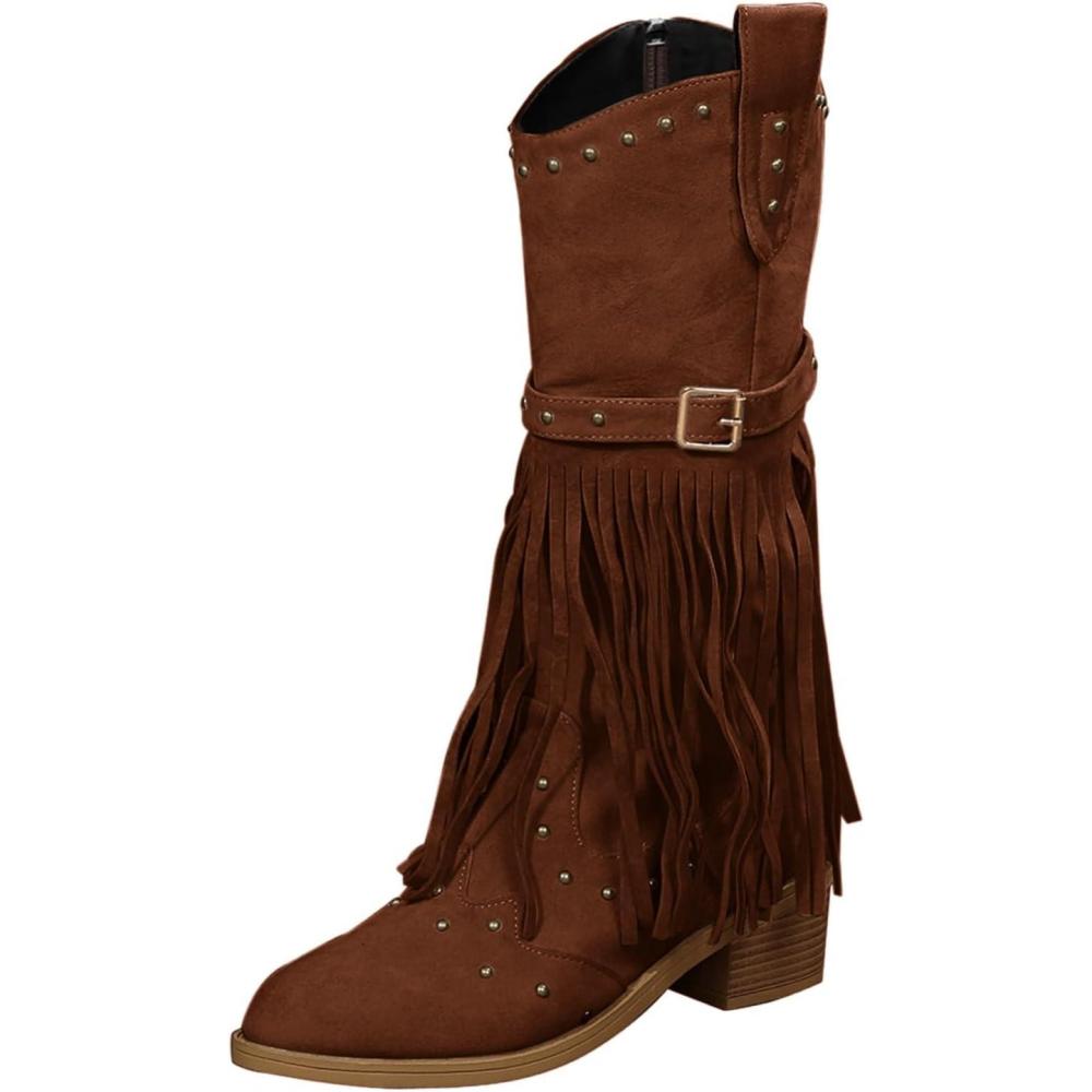 image:imageBottes de cowboy pour femme Printemps et automne Grandes tailles Bottes de cowboy avec talon bloc Bottes western en cuir pointues mdivales Bottes de moto lgantes avec boucle Bottes deMarron