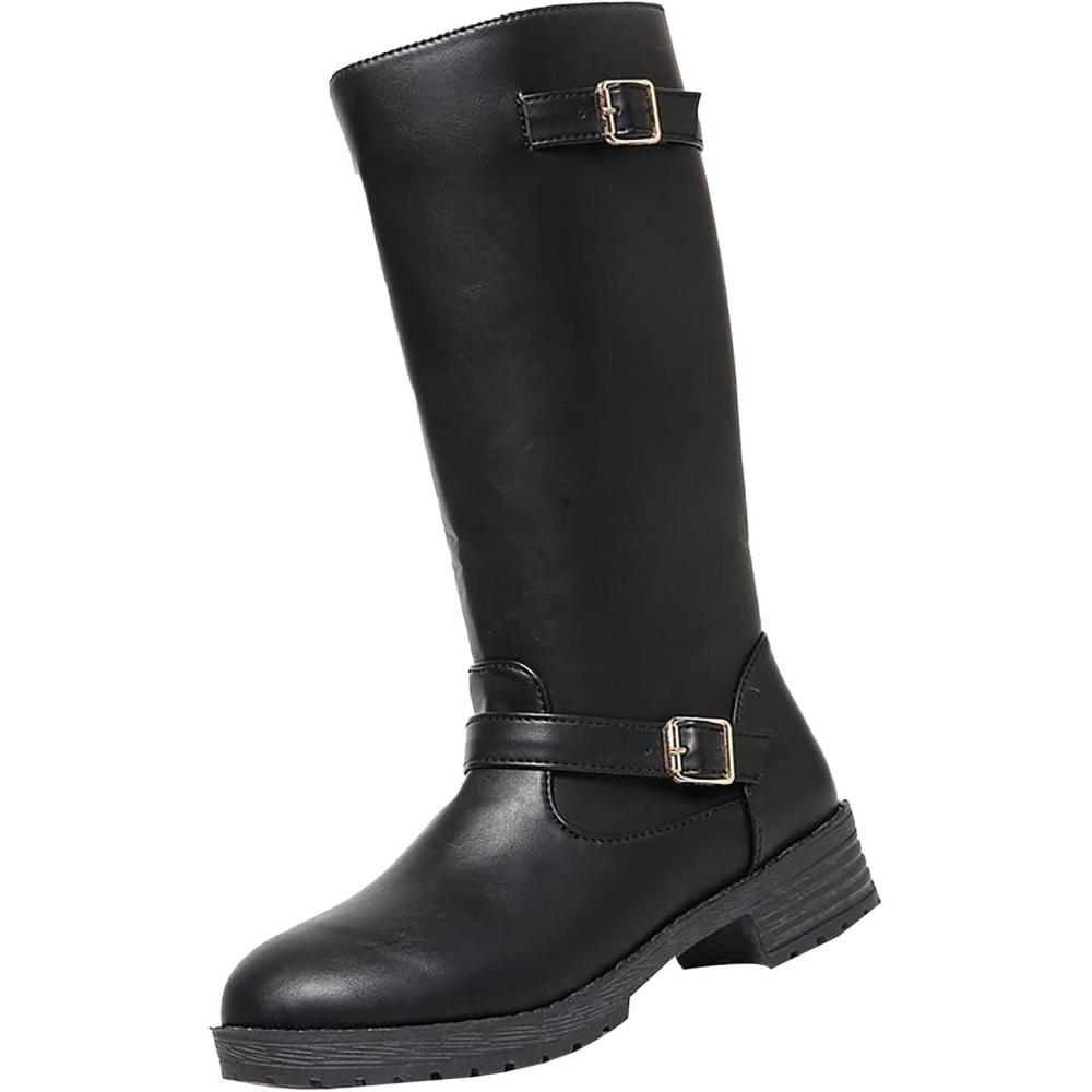 image:imageBottes dquitation larges en cuir pour femme Bottes hautes au genou avec boucle Bottes de cyclisme Bottes de cyclisme Bottes de moto gothiques en cuir Bout rond Bottes western Noir