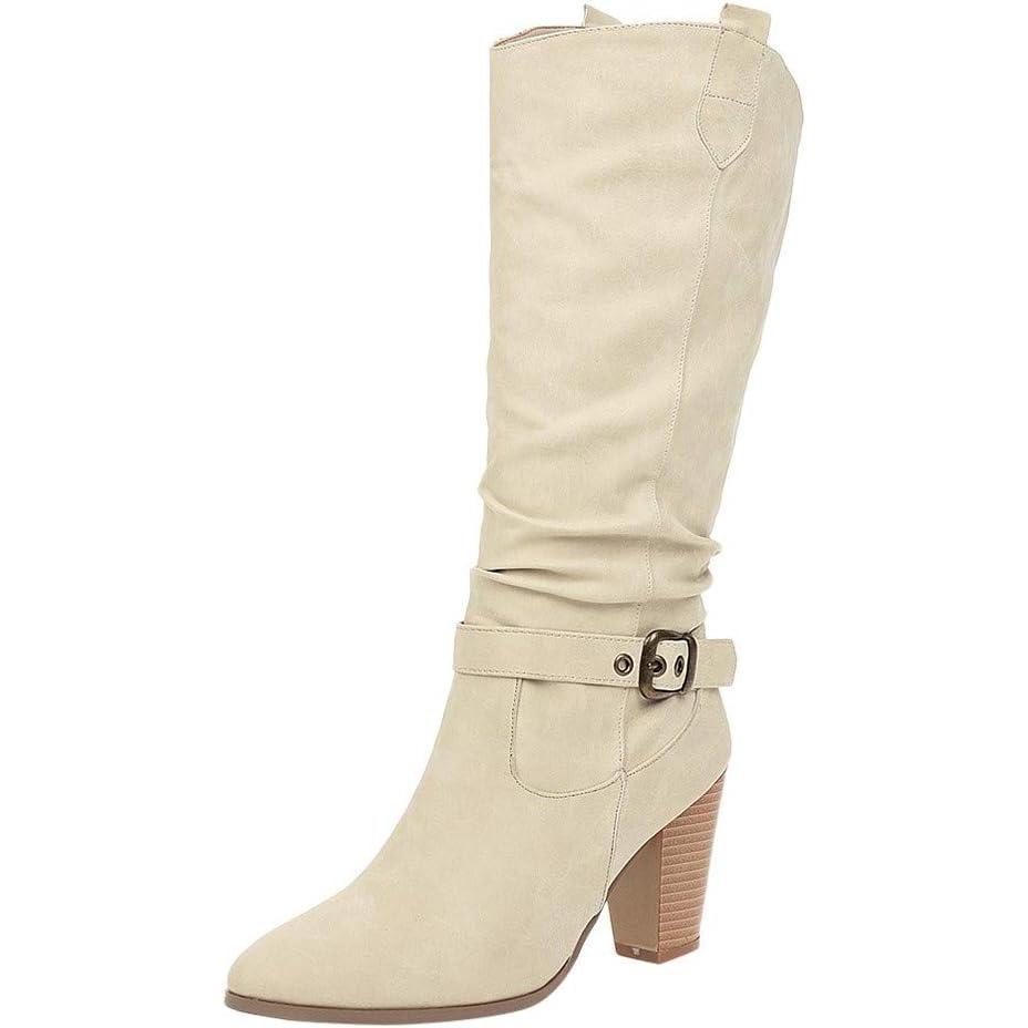 image:imageBottes montantes pour femme avec talon bloc Bottes de cowboy en cuir Bottes hautes dquitation rondes Bottes western lgantes enfiler pour femmeBeige