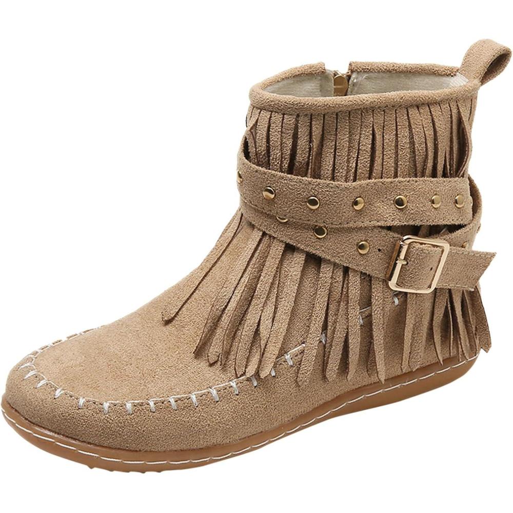 image:imageBottines dcontractes pour femme Style uni Avec franges Confortables Plates Cylindriques Rondes Grande taille Bottes western Bottines pour homme Noir JackBeige