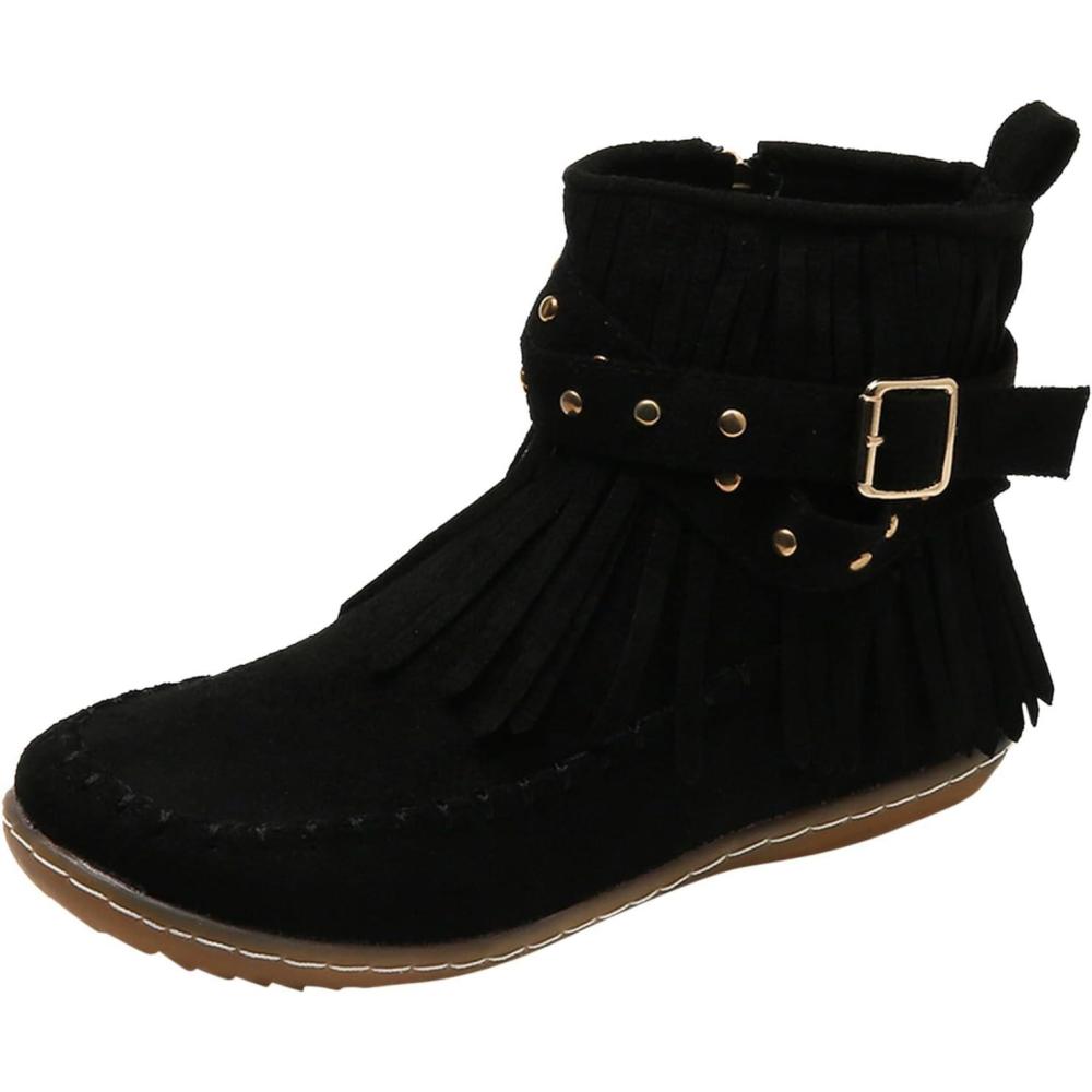 image:imageBottines dcontractes pour femme Style uni Avec franges Confortables Plates Cylindriques Rondes Grande taille Bottes western Bottines pour homme Noir JackNoir