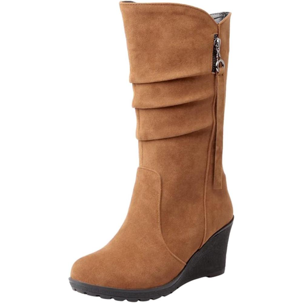 image:imageBottines en daim pour femme avec talon compens Bottes enfiler Bottes dhiver pointues Bottes basses lgantes Bottes courtes confortables talon Bottes western antidrapantesZ01 Marron