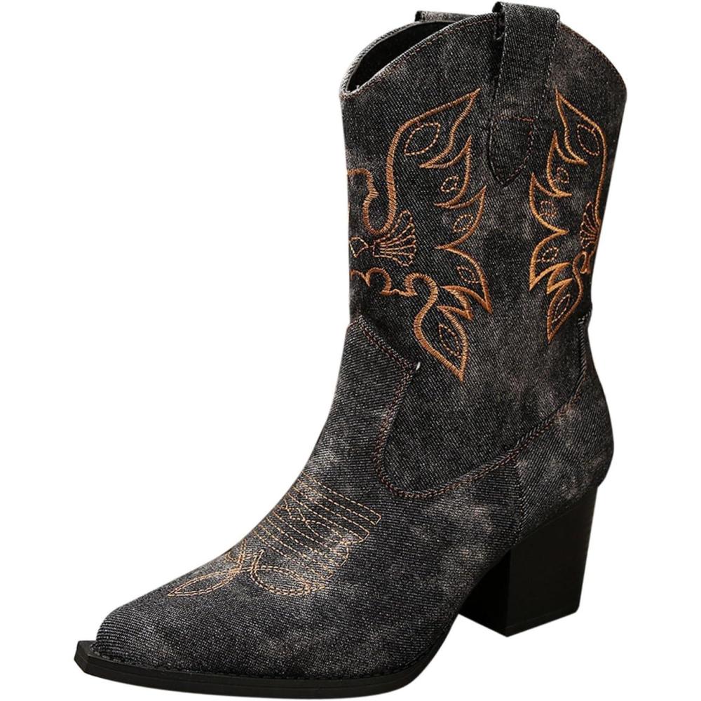 image:imageBottines pour femme Bout pointu Bottes de cowboy avec talon Grandes tailles Brodes Bottes en cuir Automne Hiver Bottes de cowboy antidrapantes Bottes courtes lgantes pour femmeNoir