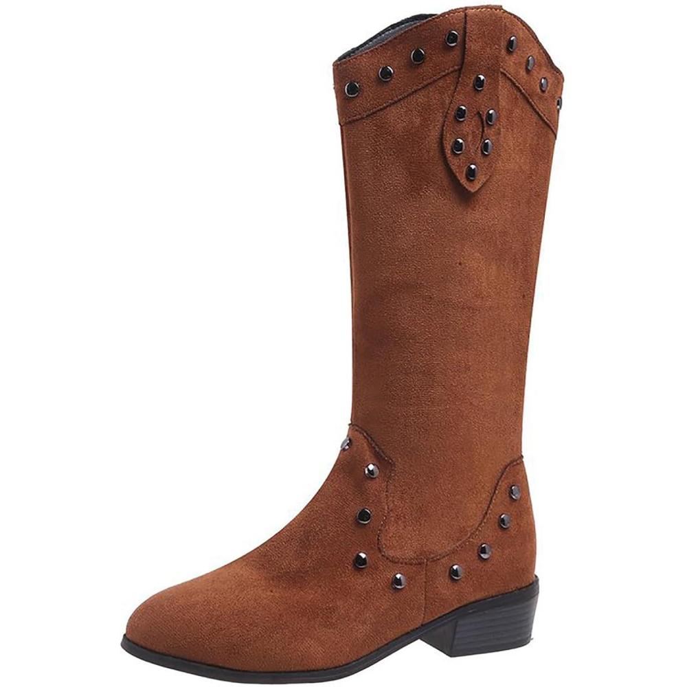 image:imageGenerisch Bottes de cowboy western pour femme avec mollet moyen couleur unie talon bloc antidrapant avec col en V bottes paisses pour le printemps et lhiverMarron
