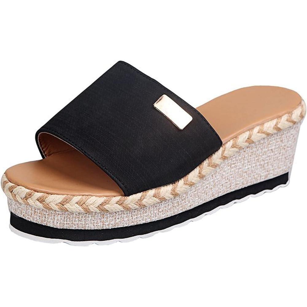 image:imageSandales Espadrilles Compenses Femme t Sandale Femmes Talon Compens Compenses Mules Talon Plateforme Chaussures de Bout Ouvert dt Espadrilles pour Maison Piscine Plage Vacances Pas CherLe Noir