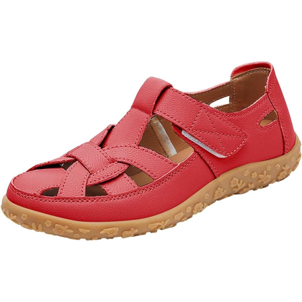 image:imageSandales de randonne bout ferm pour femme Sandales de marche enfiler Sandales sportives respirantes et creuses avec semelle extrieure antidrapante Pantoufles de trekking en cuirRouge