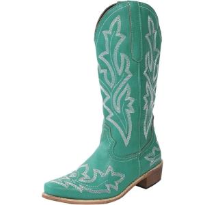 Bottes de cowboy pour femme – Bottes western pour femme avec talon entonnoir – Bottes basses brodées – Bout pointu – Bottes d&rsquo;hiver pour femme(Vert)