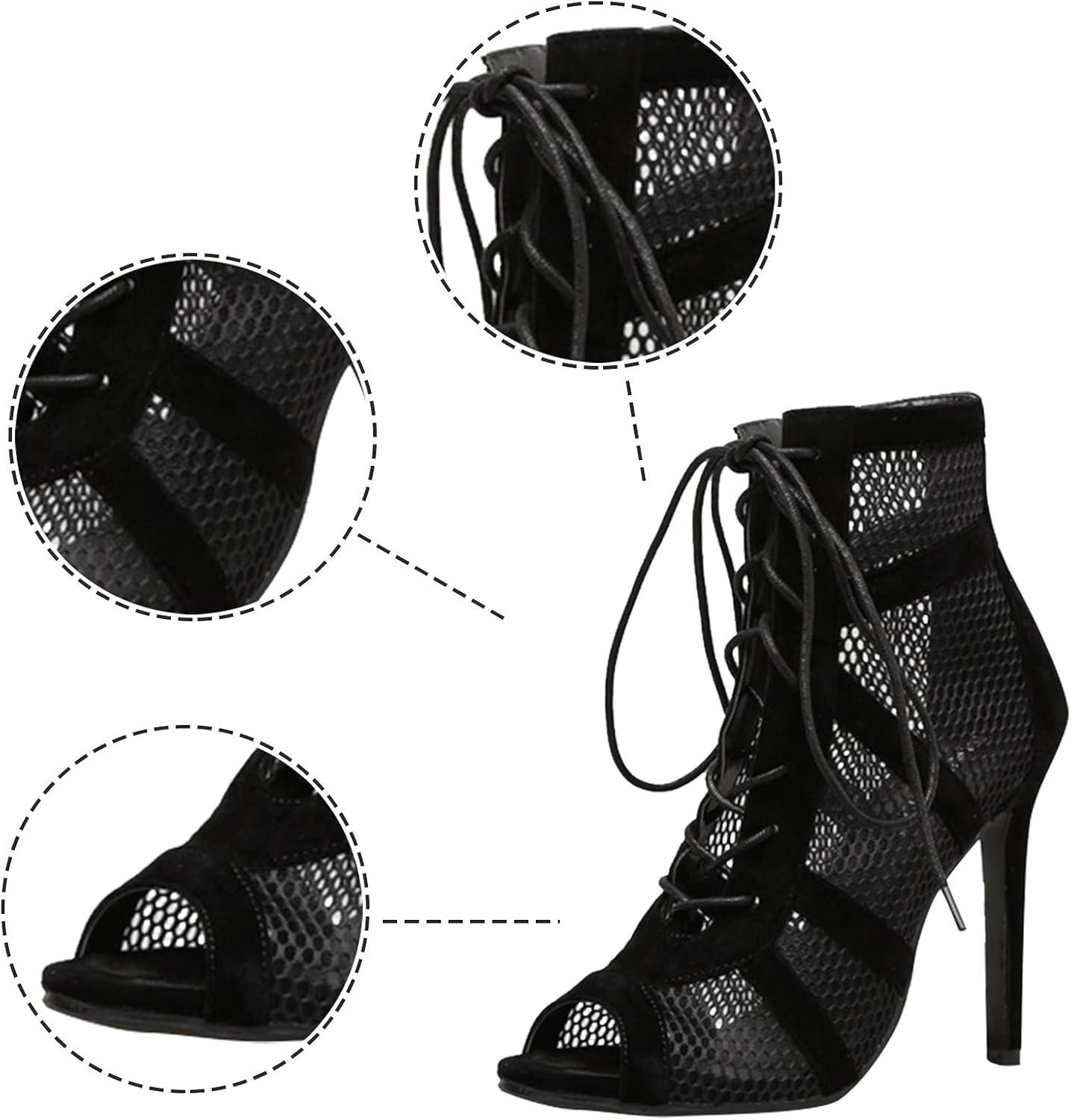image:imageBottines de danse pour femme Bout ouvert Bottes de danse talons hauts Salsa et salon de fte Talon fin avec lacets Sandales lgantes tendanceA01 Noir