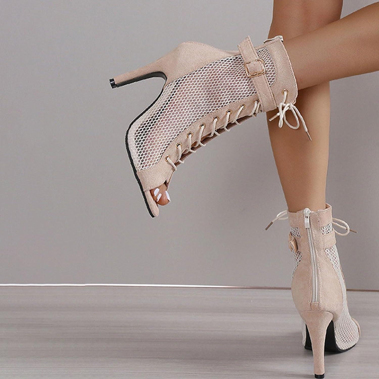 image:imageBottines de danse pour femme Bout ouvert Bottes de danse talons hauts Salsa et salon de fte Talon fin avec lacets Sandales lgantes tendanceB01 Beige