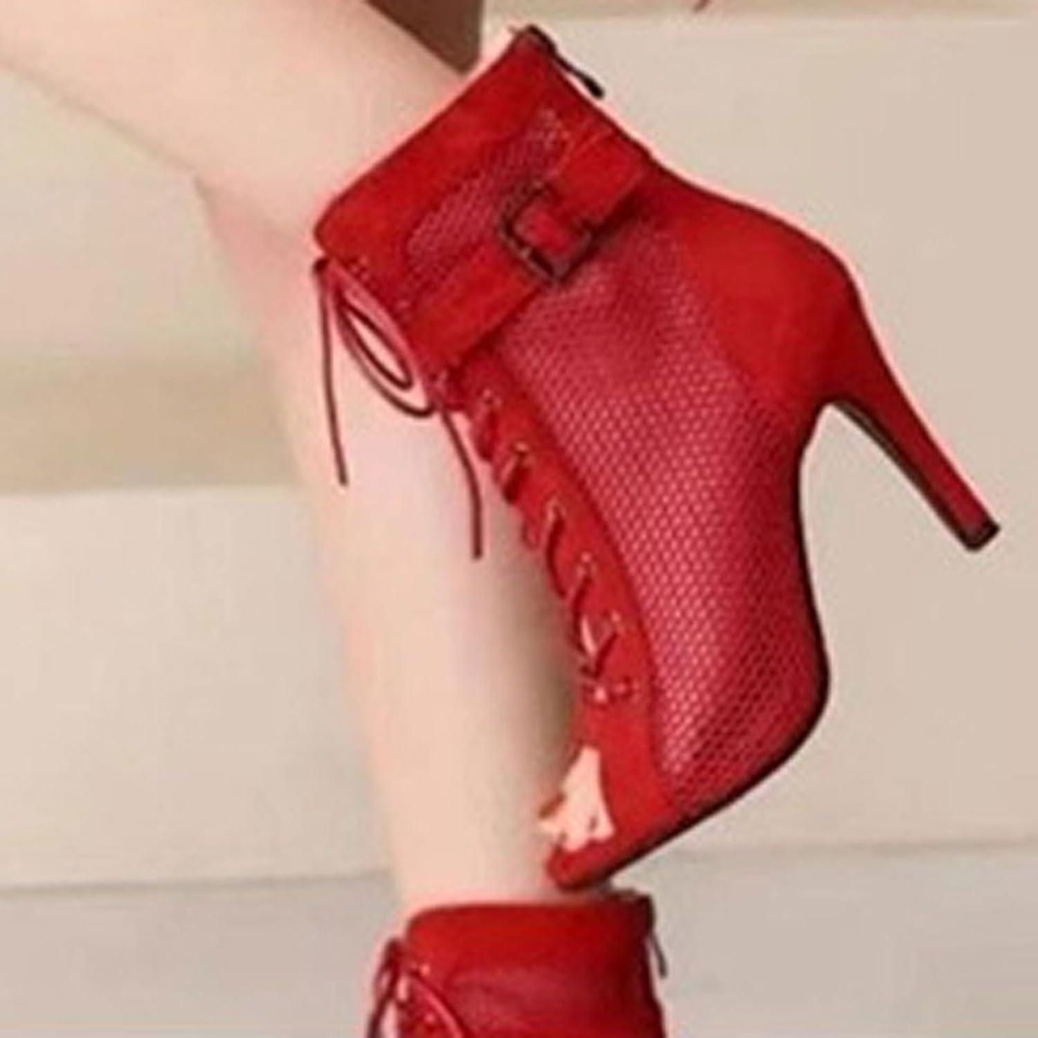 image:imageBottines de danse pour femme Bout ouvert Bottes de danse talons hauts Salsa et salon de fte Talon fin avec lacets Sandales lgantes tendanceB03 Rouge