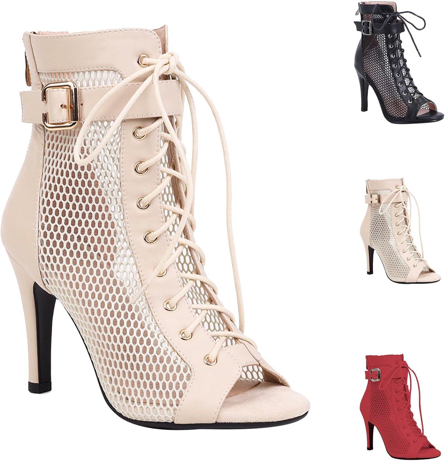 image:imageBottines de danse pour femme Bout ouvert Bottes de danse talons hauts Salsa et salon de fte Talon fin avec lacets Sandales lgantes tendanceB04 Blanc