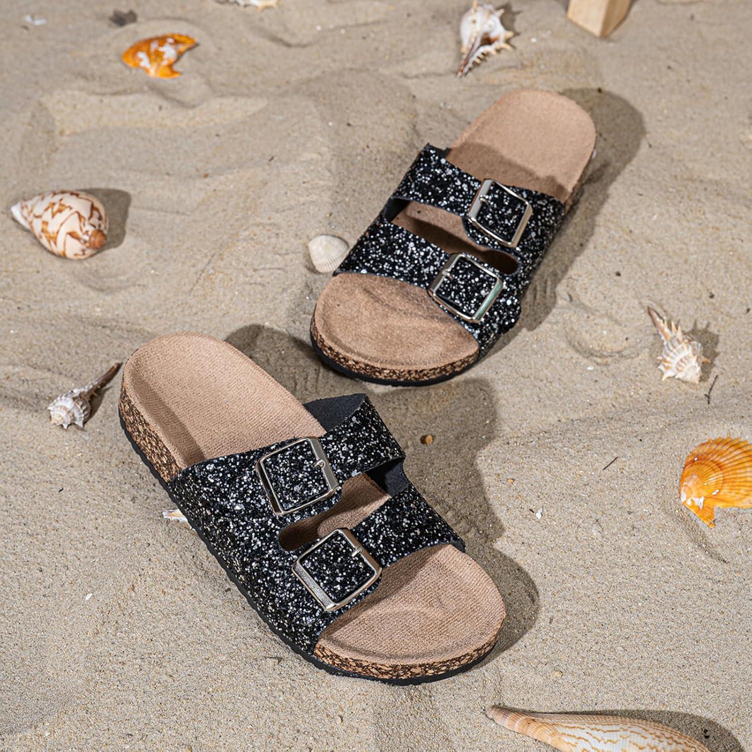 image:imageSandales paillettes dores pour femme Double boucle Tongs dt confortables et plates Chaussures dcontractesNoir