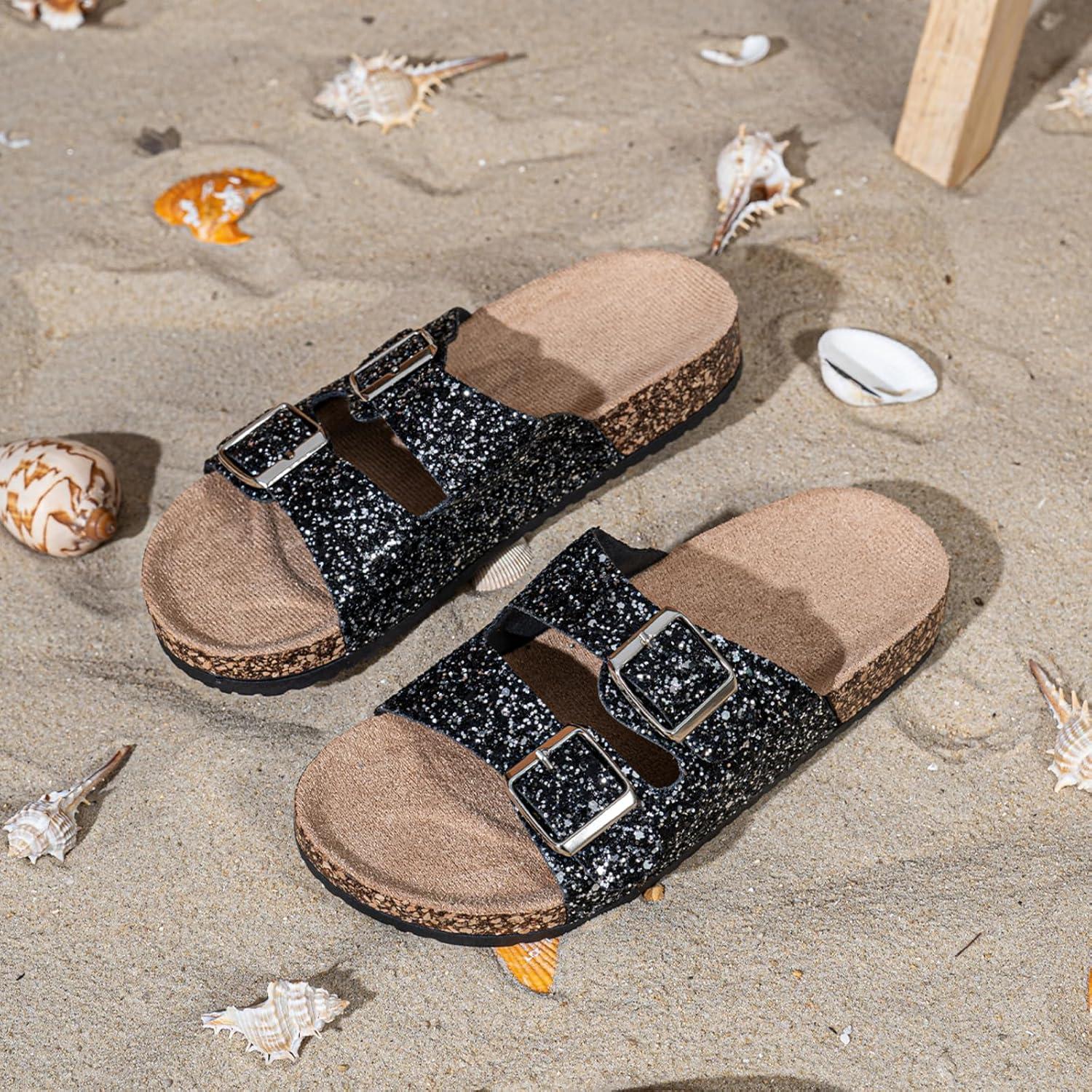 image:imageSandales paillettes dores pour femme Double boucle Tongs dt confortables et plates Chaussures dcontractesNoir