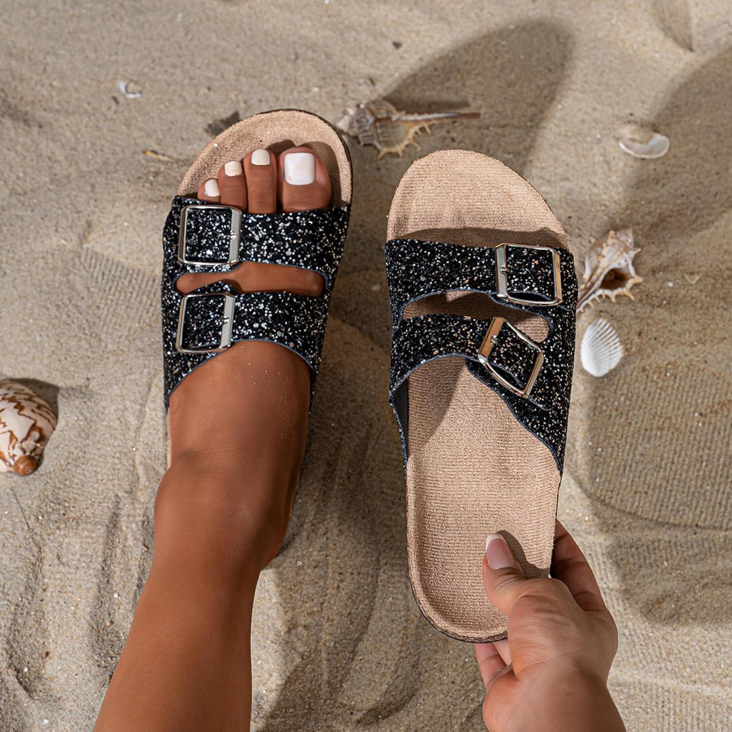 image:imageSandales paillettes dores pour femme Double boucle Tongs dt confortables et plates Chaussures dcontractesNoir