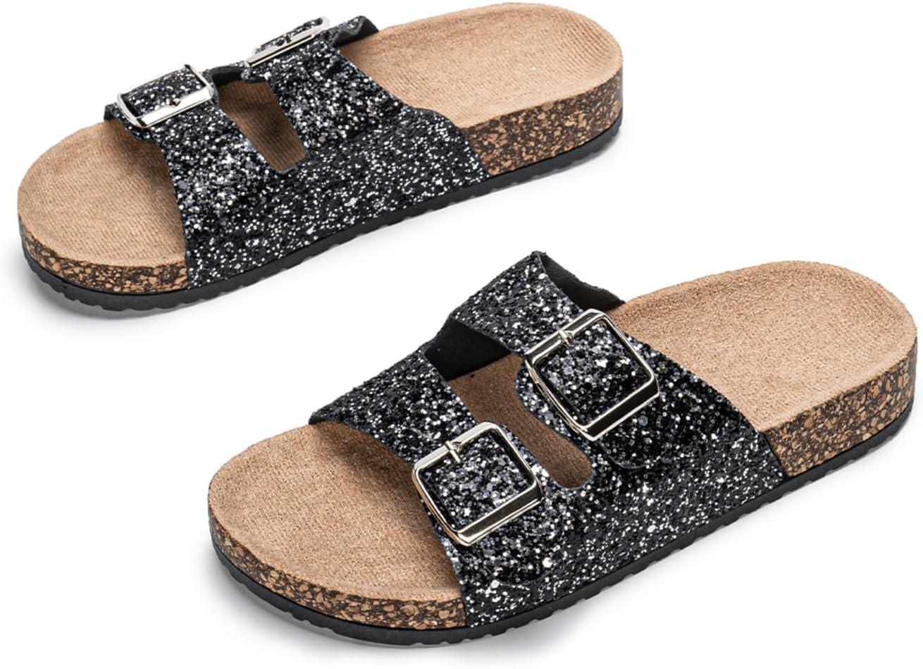 image:imageSandales paillettes dores pour femme Double boucle Tongs dt confortables et plates Chaussures dcontractesNoir
