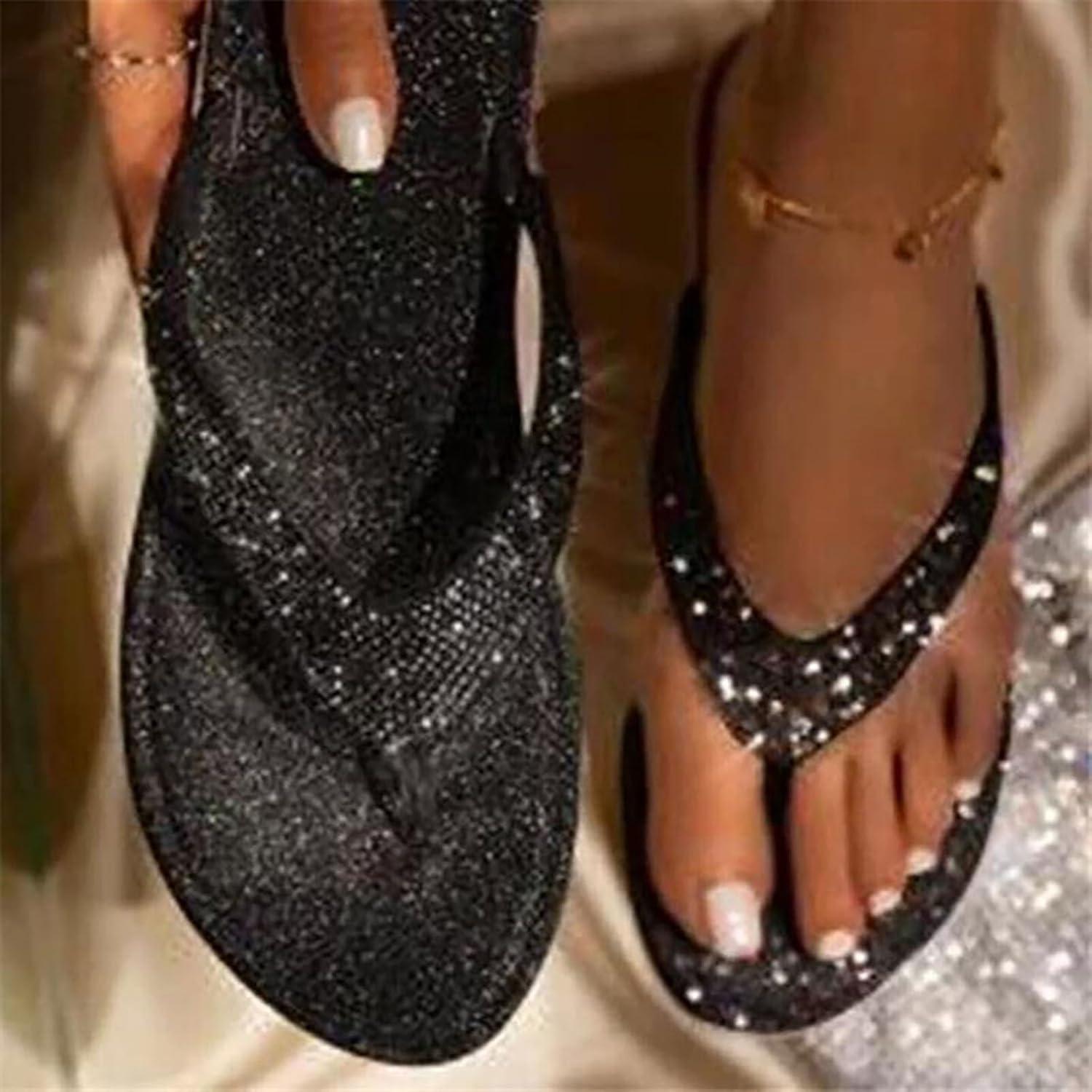 image:imageTongs strass pour femme Sandales plates enfiler Pour lextrieur la plage les soiresNoir