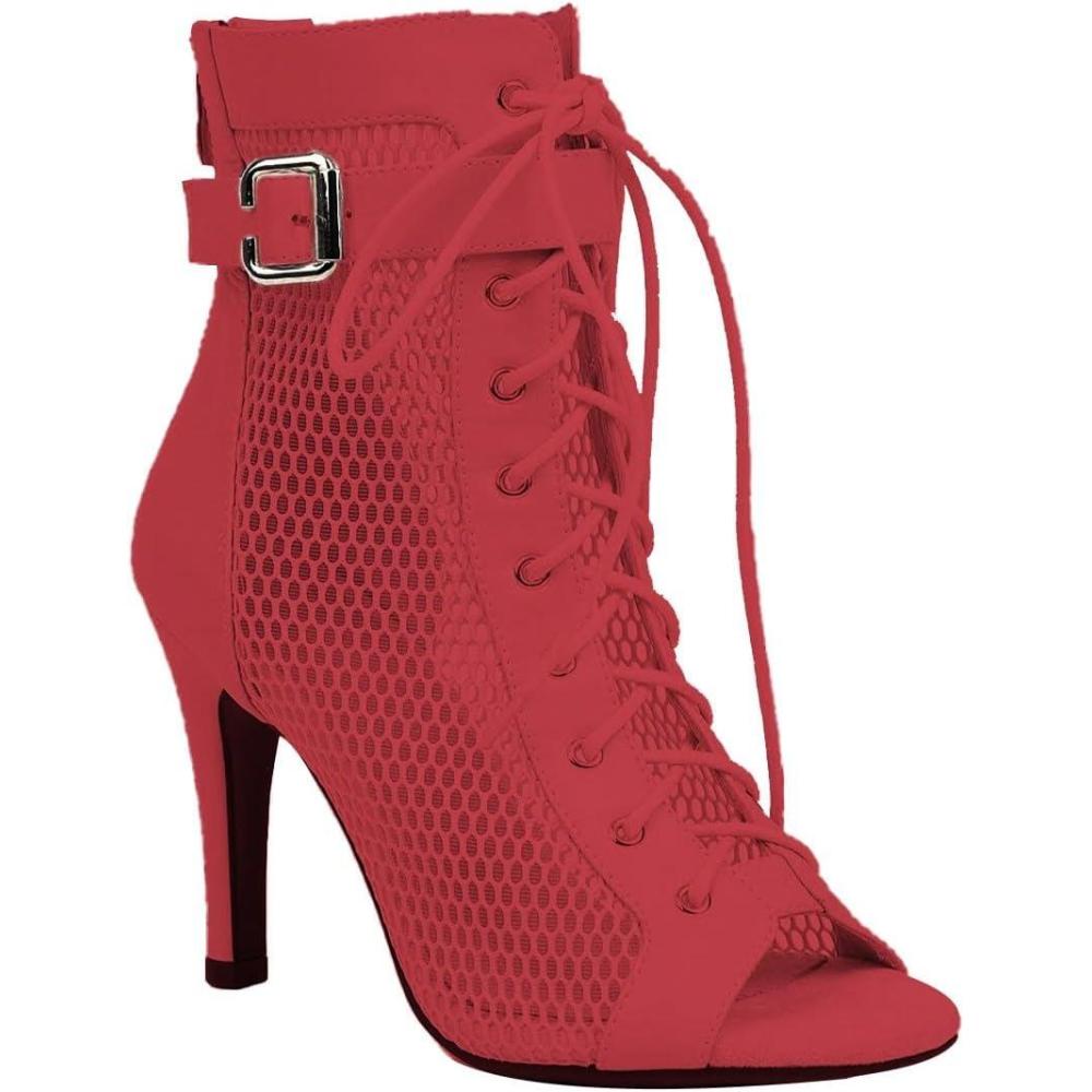 image:imageBottines de danse pour femme Bout ouvert Bottes de danse talons hauts Salsa et salon de fte Talon fin avec lacets Sandales lgantes tendanceB03 Rouge