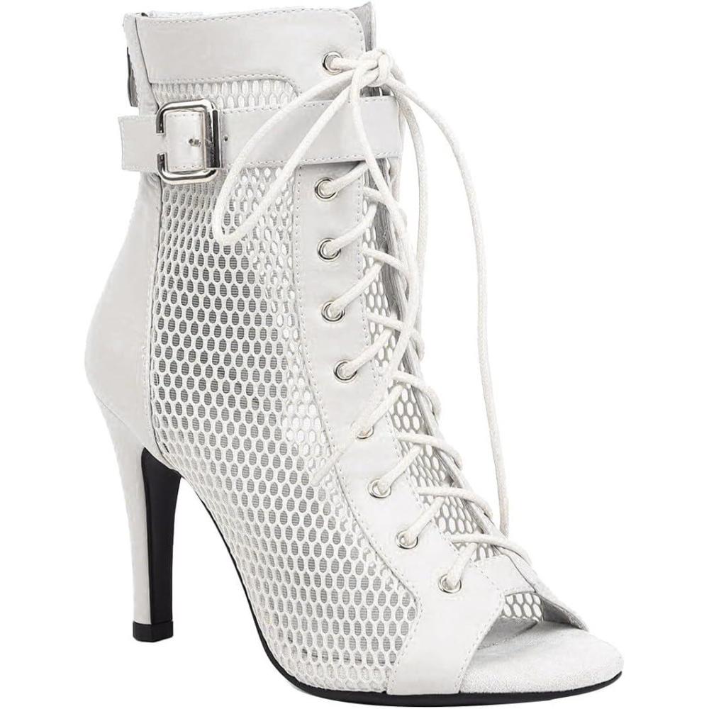 image:imageBottines de danse pour femme Bout ouvert Bottes de danse talons hauts Salsa et salon de fte Talon fin avec lacets Sandales lgantes tendanceB04 Blanc