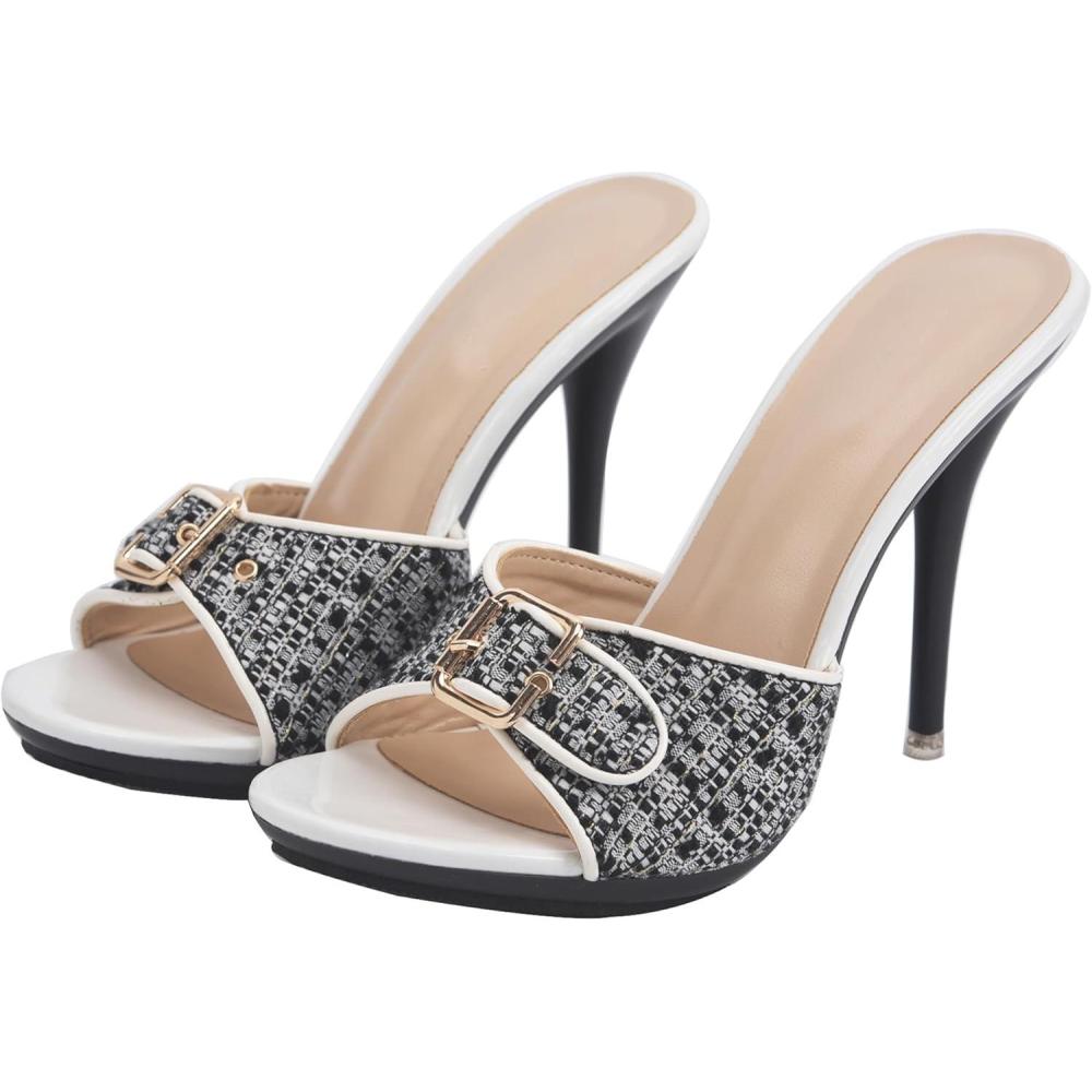image:imageHanfike Sandales talons hauts enfiler pour femme avec boucle et dos nuCarreaux Bord Blanc