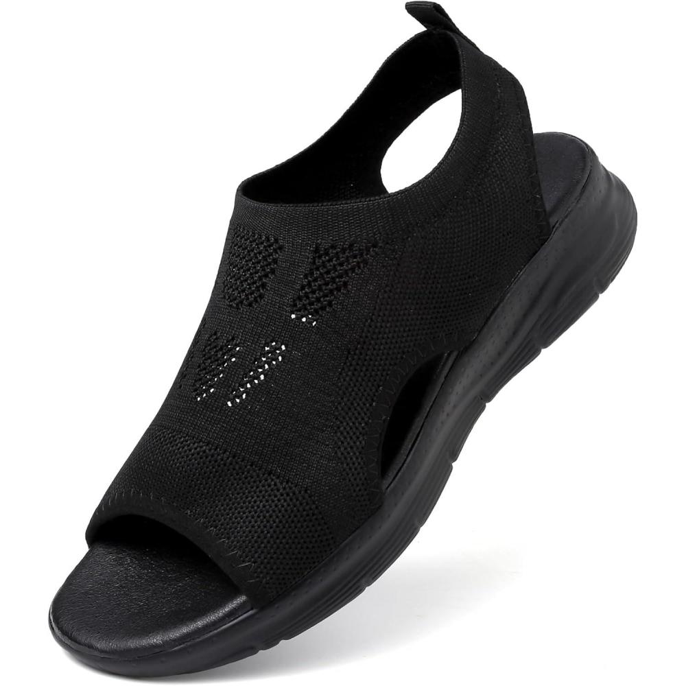 image:imageSandales Plats Bout Ouvert Femme t Mode Orthopedique Slides Confortable Lger Sandales de Plage MarcheNoir
