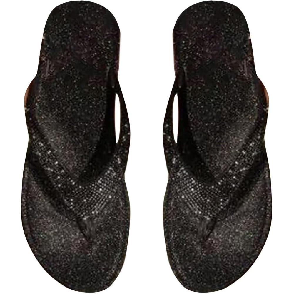 image:imageTongs strass pour femme Sandales plates enfiler Pour lextrieur la plage les soiresNoir