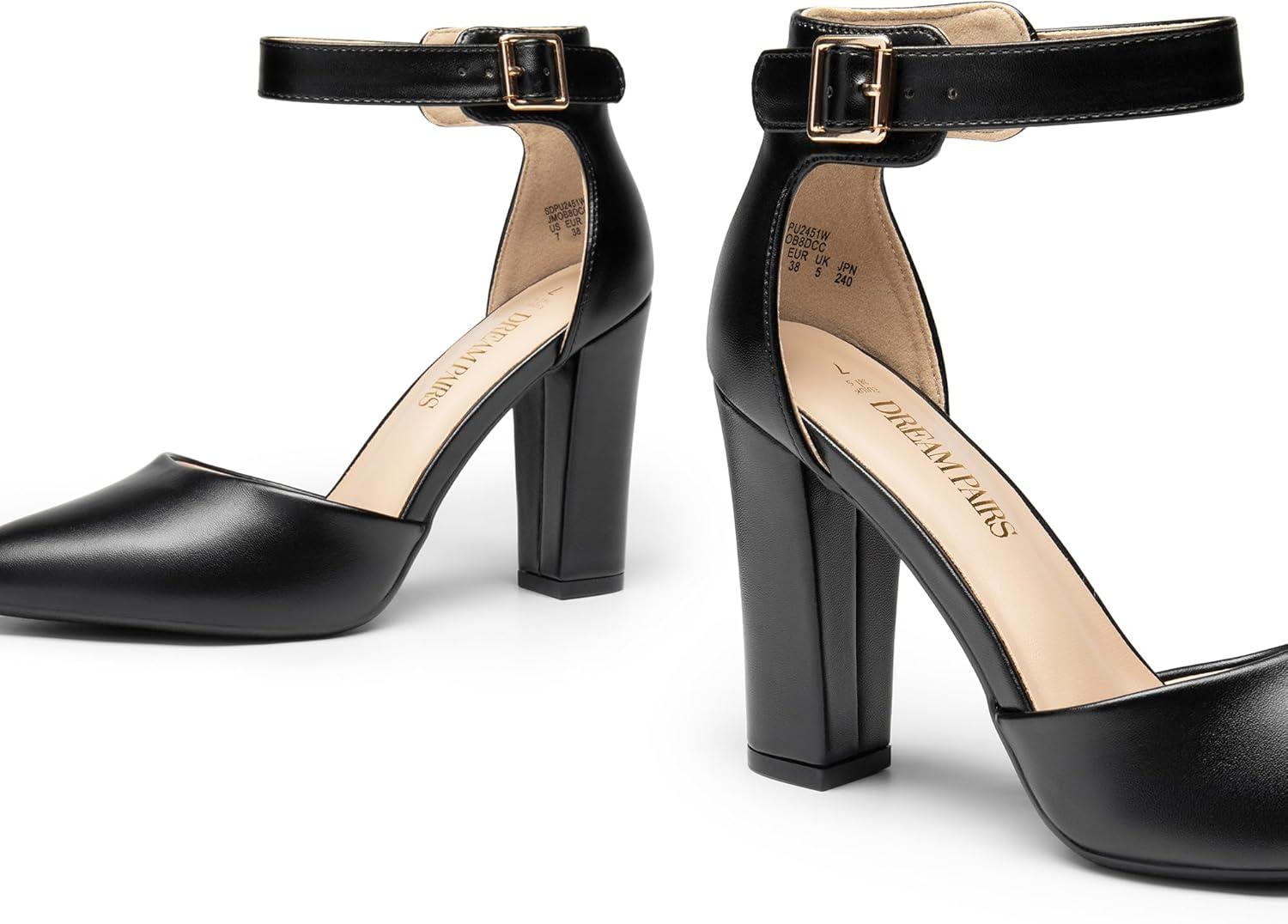 image:imageDREAM PAIRS Escarpins talons hauts pour femme Bout pointu Sangle de cheville Pour fte de mariagePu Noir