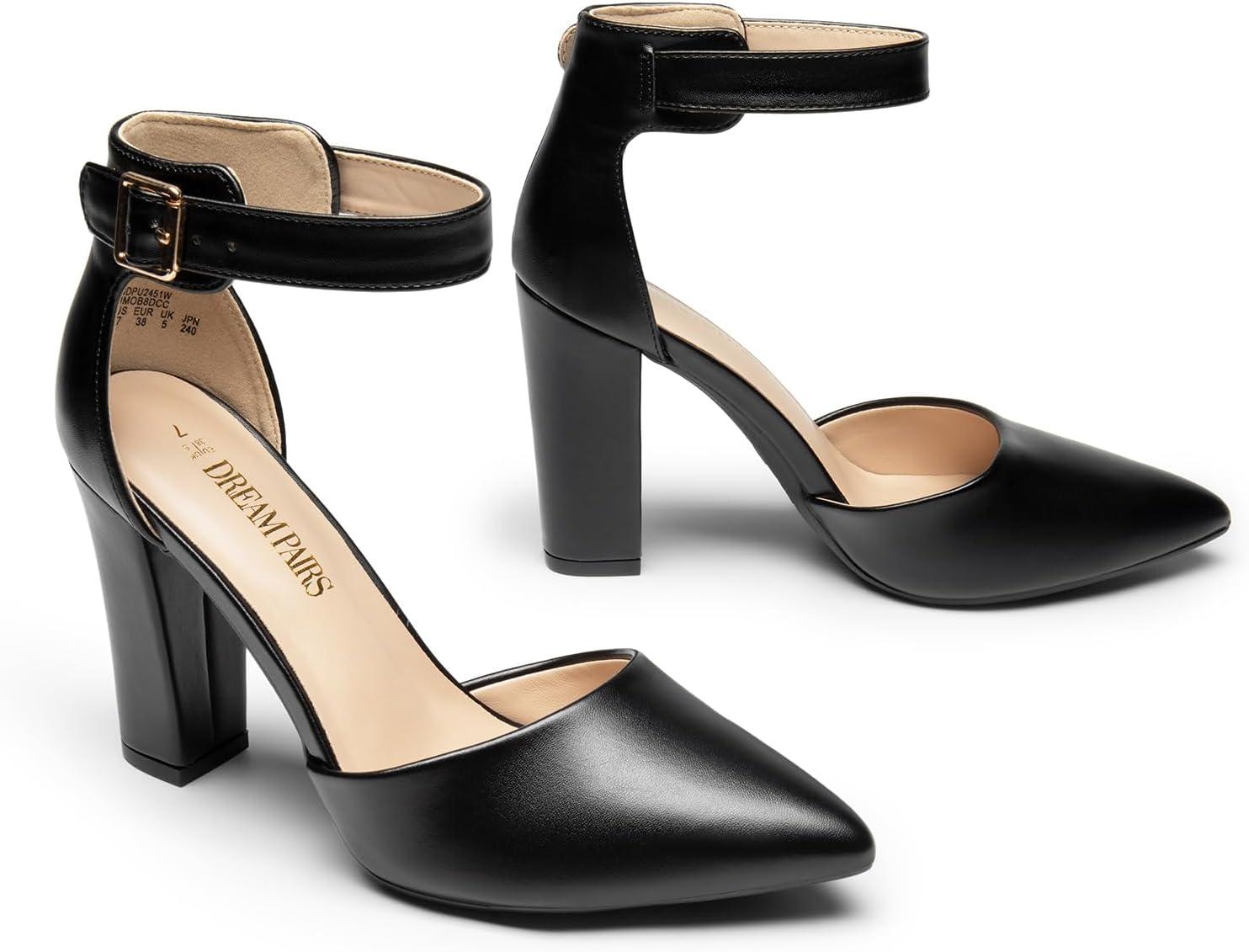 image:imageDREAM PAIRS Escarpins talons hauts pour femme Bout pointu Sangle de cheville Pour fte de mariagePu Noir
