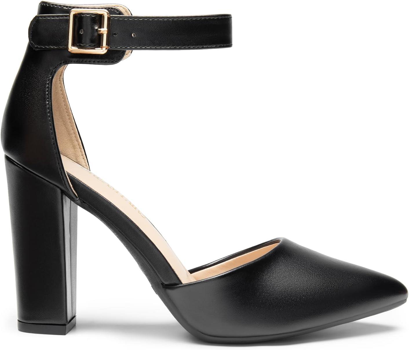 image:imageDREAM PAIRS Escarpins talons hauts pour femme Bout pointu Sangle de cheville Pour fte de mariagePu Noir