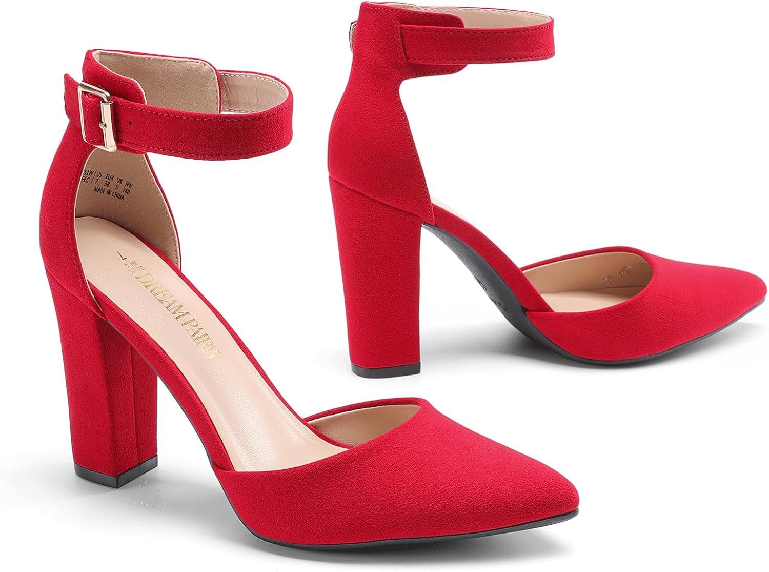 image:imageDREAM PAIRS Escarpins talons hauts pour femme Bout pointu Sangle de cheville Pour fte de mariageRouge