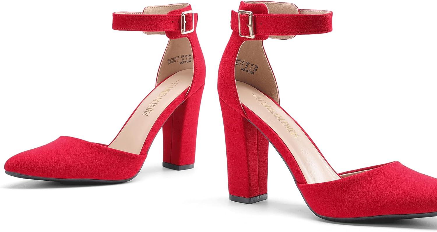 image:imageDREAM PAIRS Escarpins talons hauts pour femme Bout pointu Sangle de cheville Pour fte de mariageRouge
