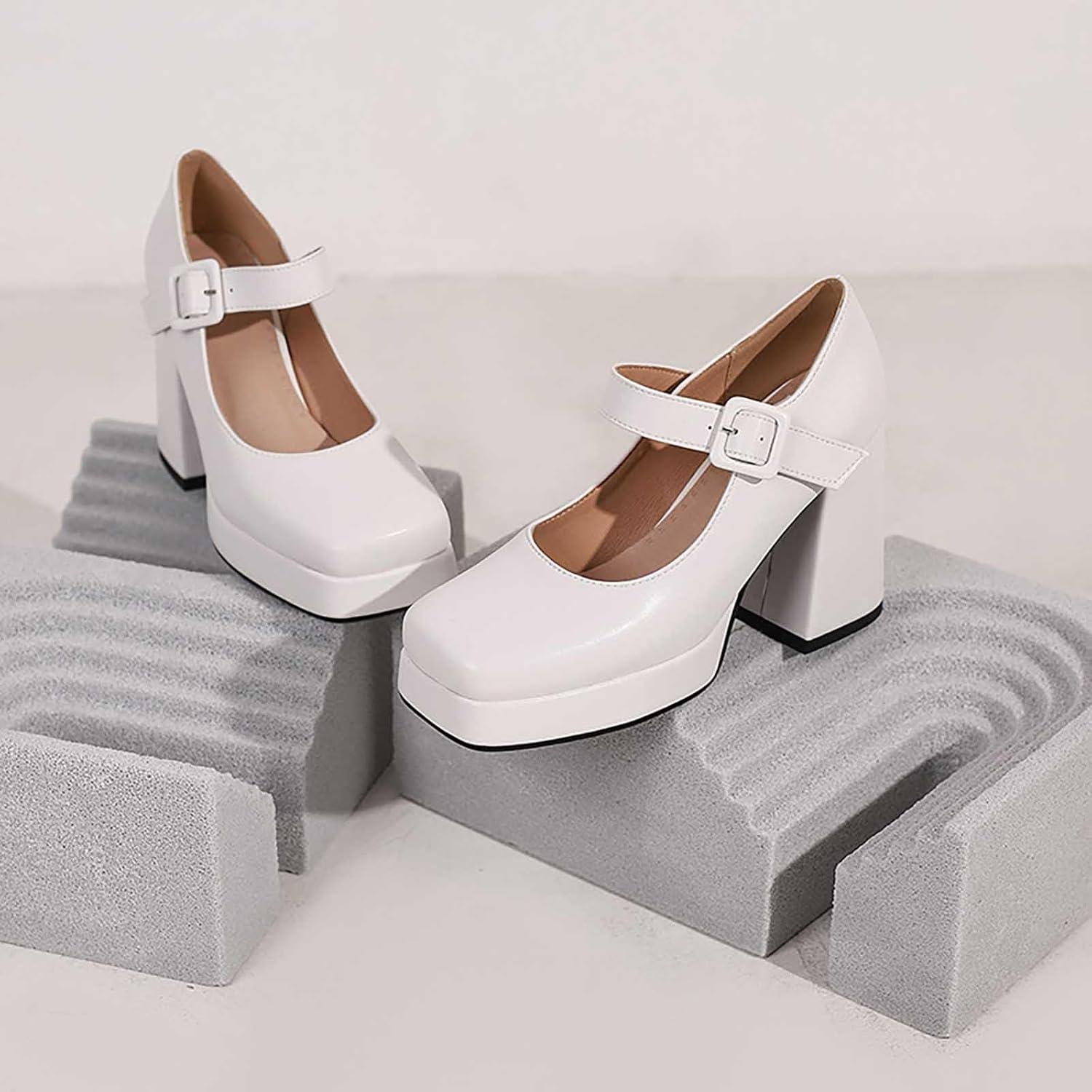 image:imageEscarpins talons hauts lgants pour femme de style rtro Mary Jane Talon pais Bout carr Chaussures lgantes pour des occasions lgantesBlanc