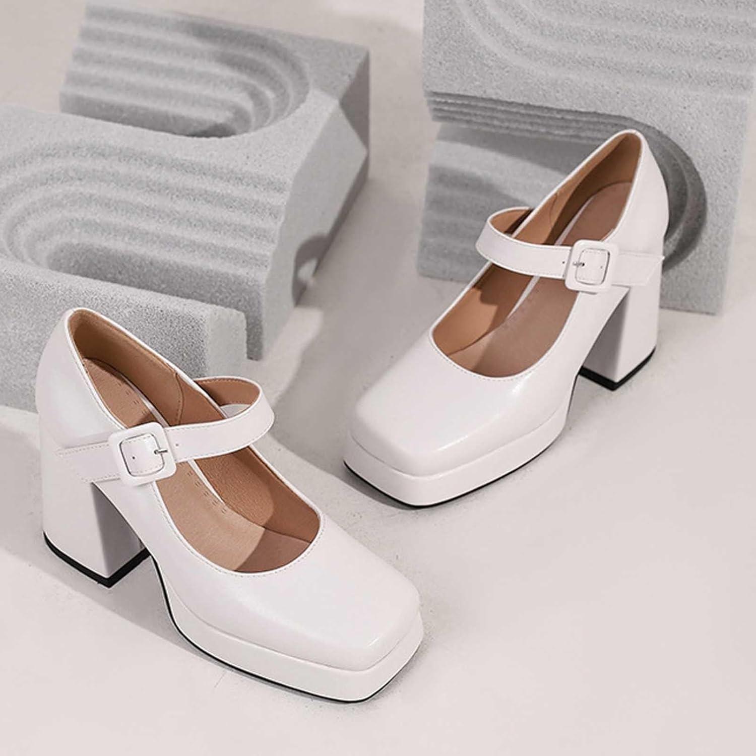 image:imageEscarpins talons hauts lgants pour femme de style rtro Mary Jane Talon pais Bout carr Chaussures lgantes pour des occasions lgantesBlanc