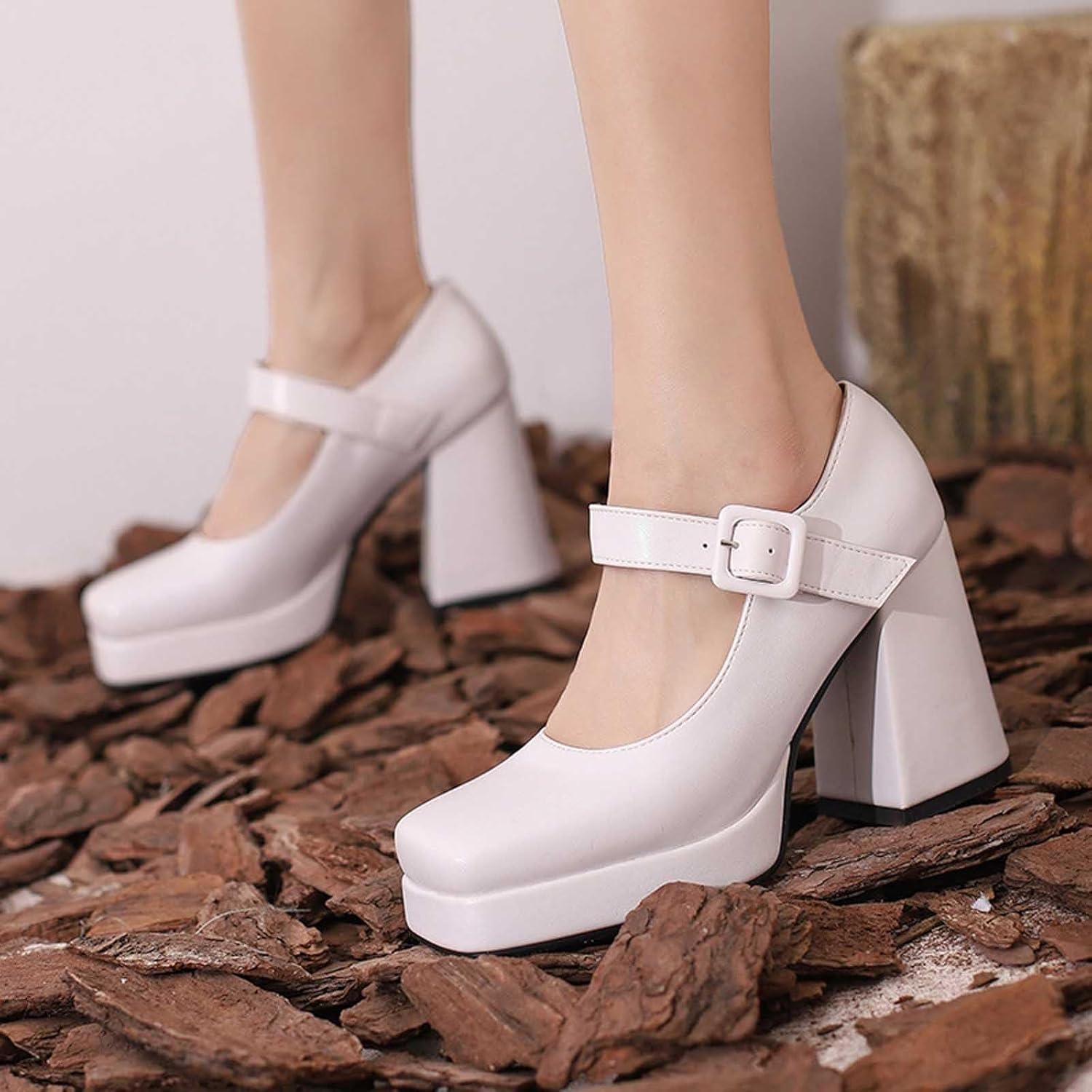 image:imageEscarpins talons hauts lgants pour femme de style rtro Mary Jane Talon pais Bout carr Chaussures lgantes pour des occasions lgantesBlanc