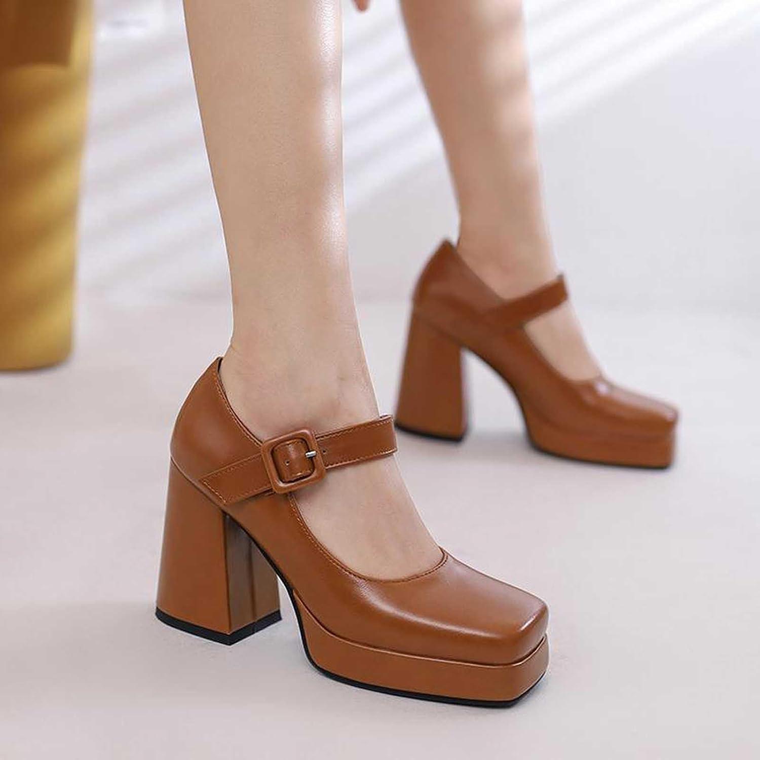 image:imageEscarpins talons hauts lgants pour femme de style rtro Mary Jane Talon pais Bout carr Chaussures lgantes pour des occasions lgantesMarron