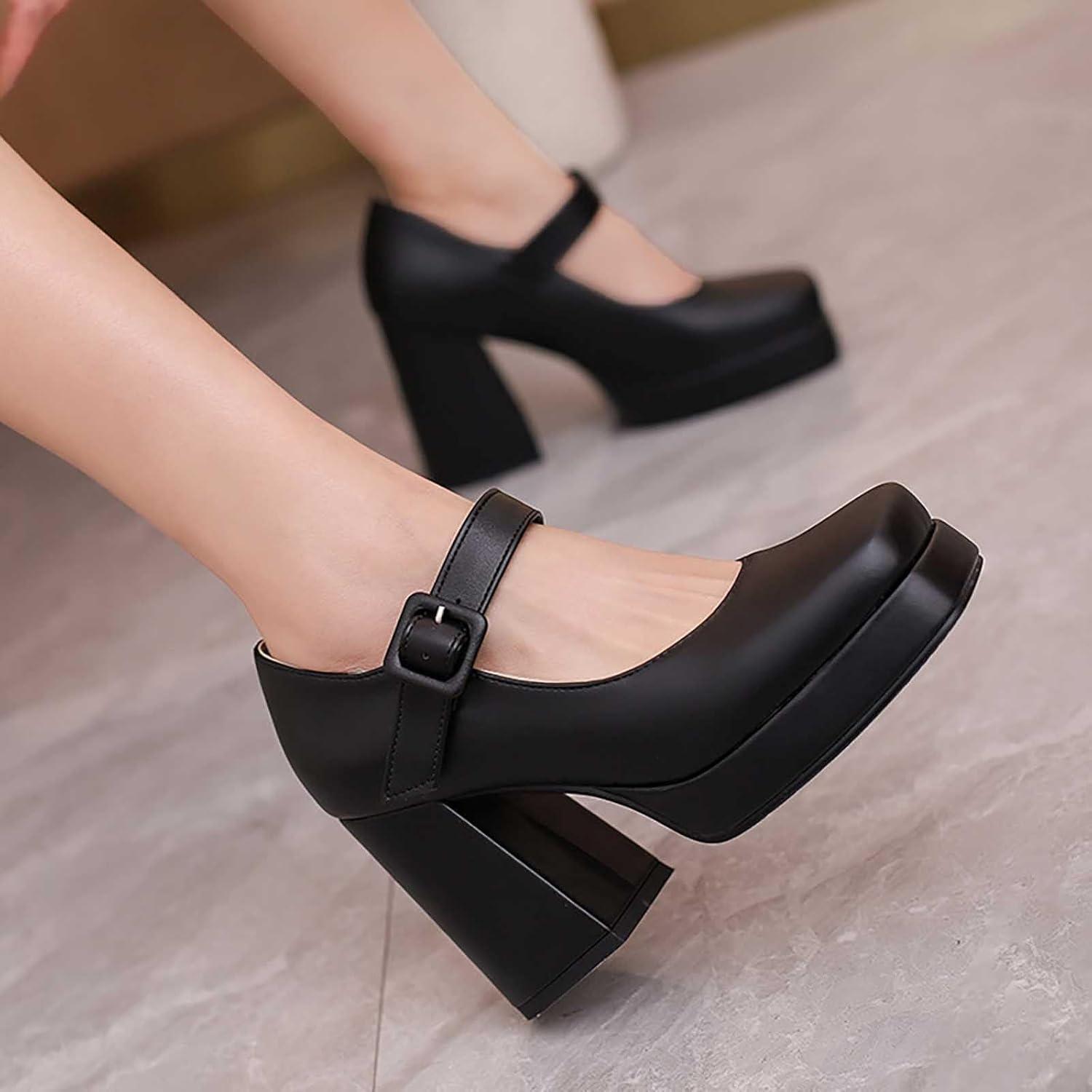 image:imageEscarpins talons hauts lgants pour femme de style rtro Mary Jane Talon pais Bout carr Chaussures lgantes pour des occasions lgantesNoir