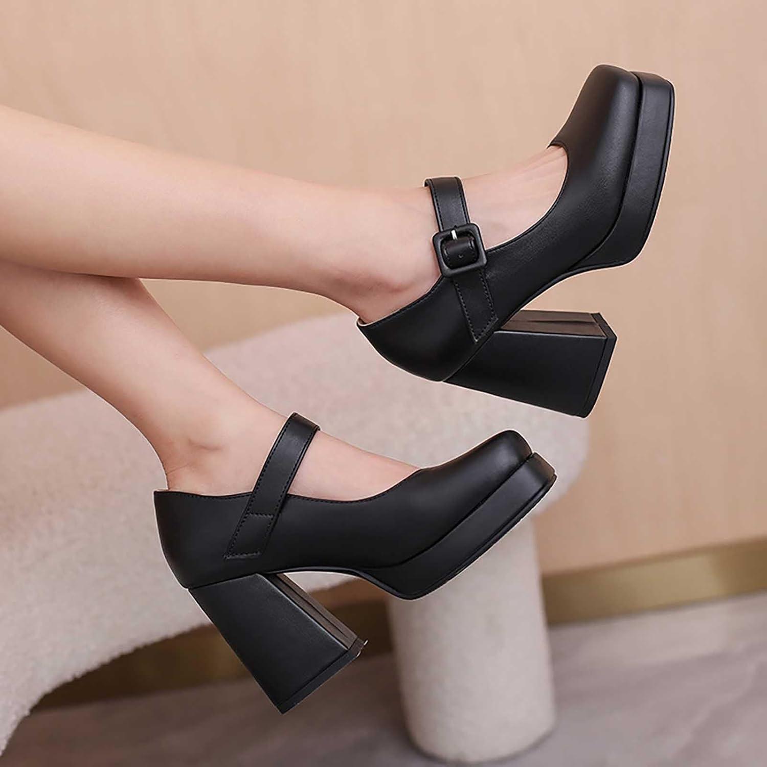 image:imageEscarpins talons hauts lgants pour femme de style rtro Mary Jane Talon pais Bout carr Chaussures lgantes pour des occasions lgantesNoir