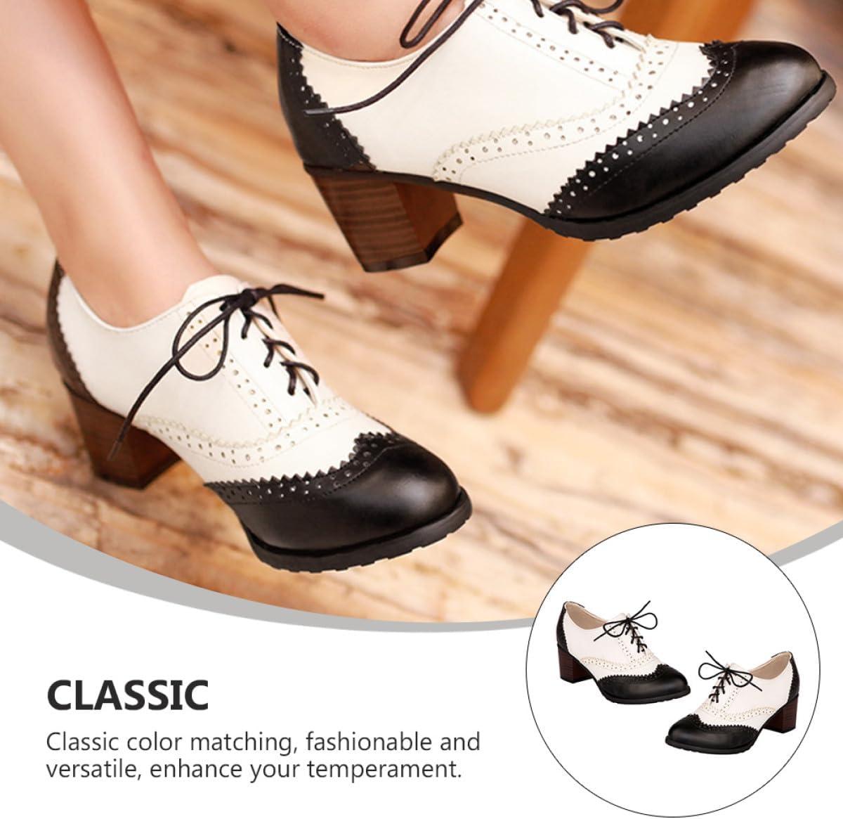image:imageGLEAVI Chaussures Talons pais pour Femmes Escarpins Lacets Noirs Taille 40 Style Brogue Bouche Profonde Confort Solide Port Quotidien lgant