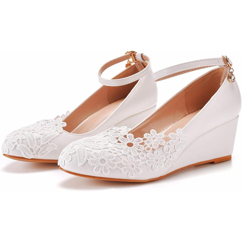 image:imageChaussures de mariage pour femmes Sandales de marie compenses lgantes en dentelle florale de 5 CM Robe de soire de mariage Performance sur scne Escarpins en cristalBlanc38 EUWhite Blanc