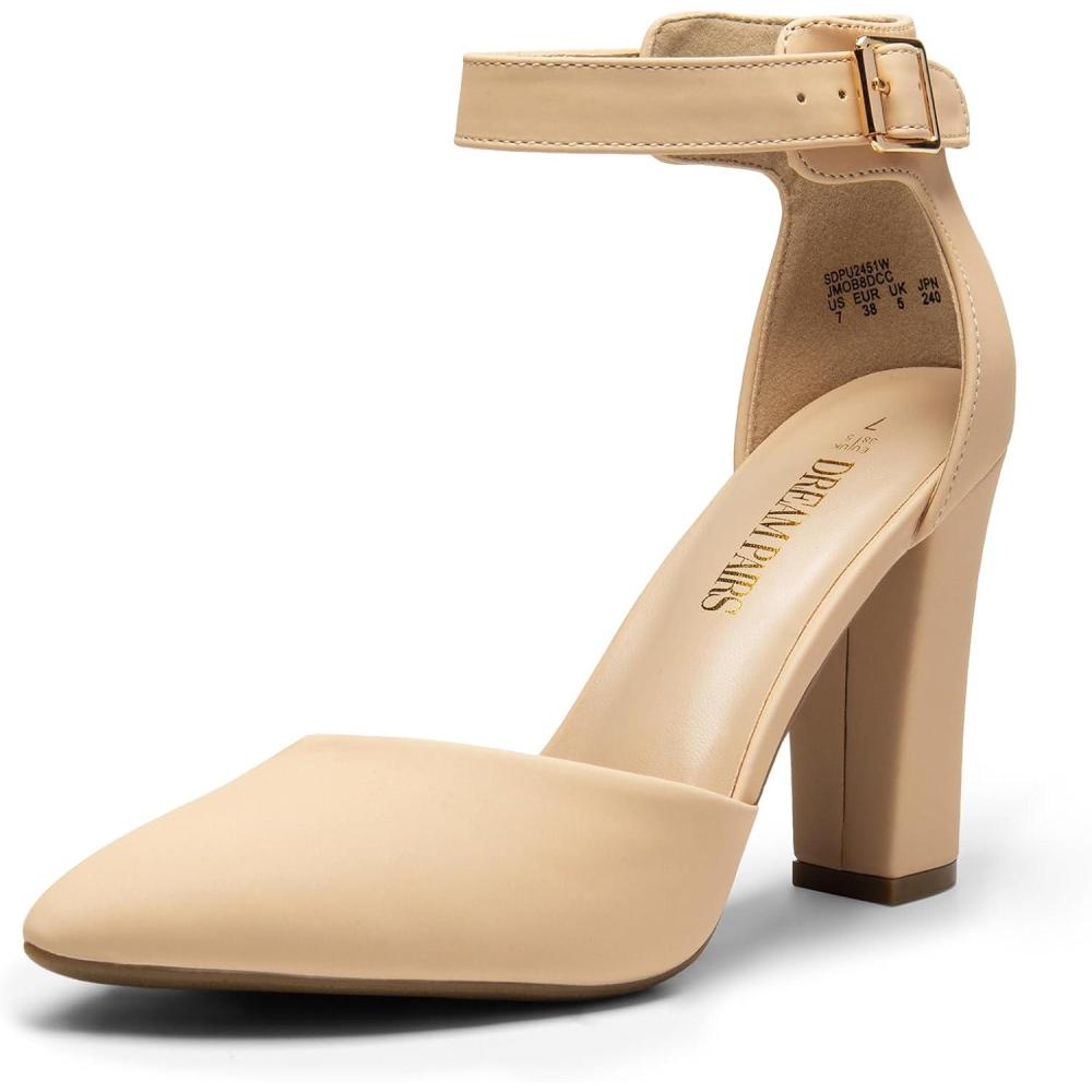 image:imageDREAM PAIRS Escarpins  talons hauts pour femme  Bout pointu  Sangle de cheville  Pour fte de mariageNubuck Nude