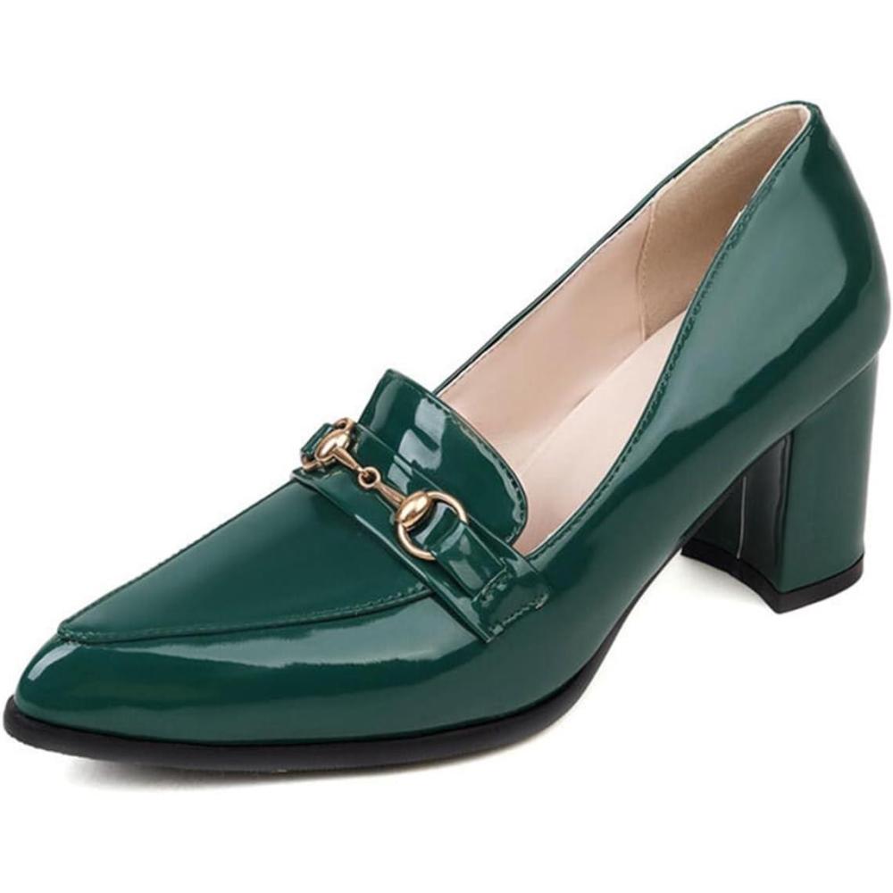 image:imageEscarpins Talon pais pour Femme Bout Pointu Cuir Verni Chaussures Enfiler avec dtail dor pour Bureau Affaires et Occasions Formelles Semelle en CaoutchoucGreen