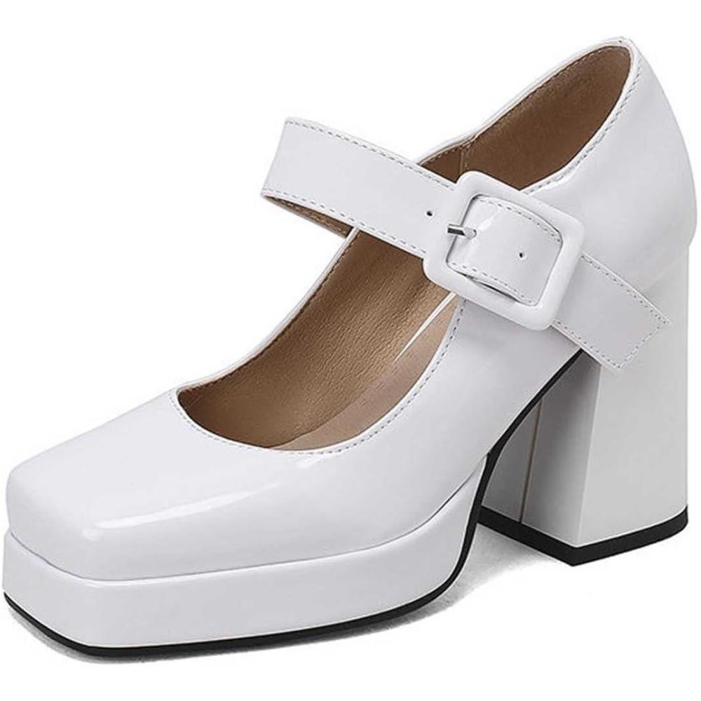 image:imageEscarpins talons hauts lgants pour femme Style rtro Chaussures Mary Jane Talon pais Bout carr Chaussures lgantes pour des occasions lgantesBlanc