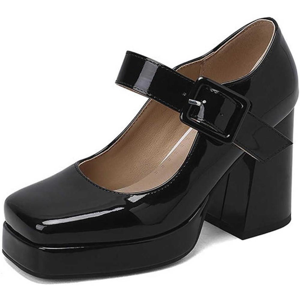 image:imageEscarpins talons hauts lgants pour femme Style rtro Chaussures Mary Jane Talon pais Bout carr Chaussures lgantes pour des occasions lgantesNoir