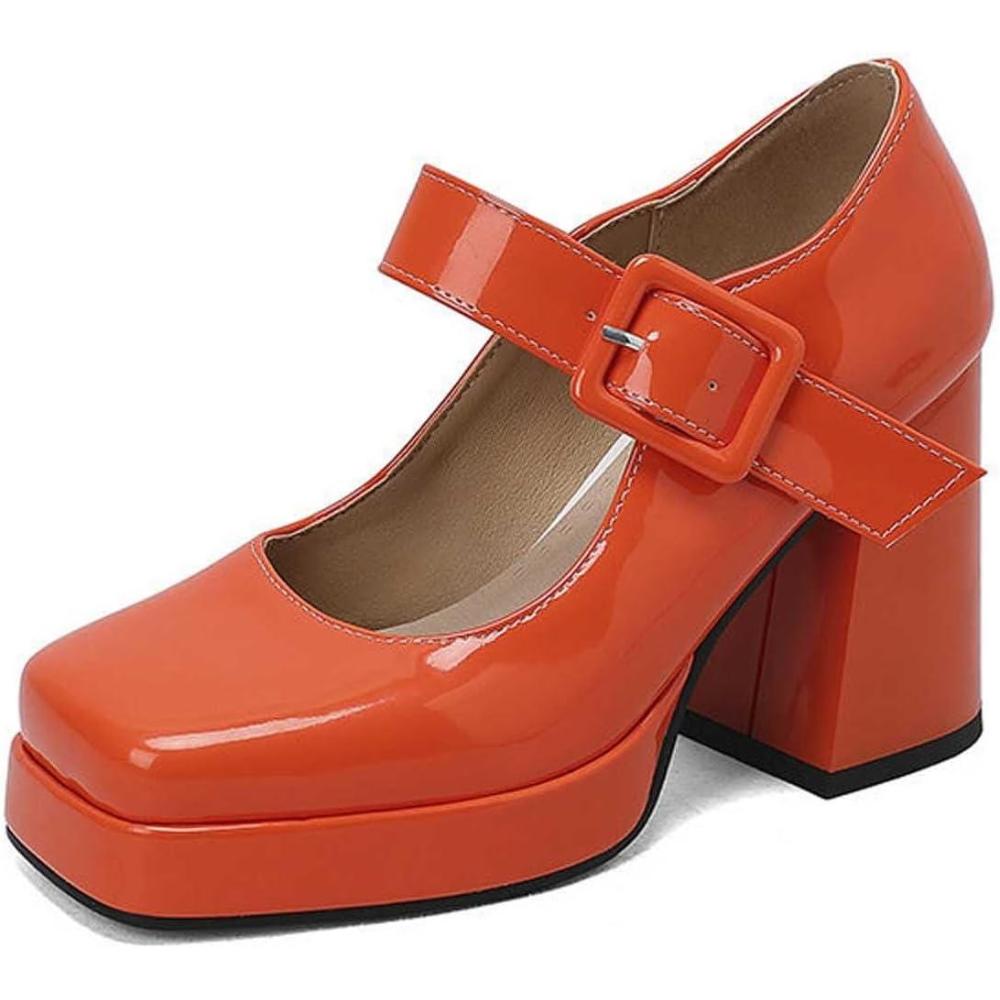 image:imageEscarpins talons hauts lgants pour femme Style rtro Chaussures Mary Jane Talon pais Bout carr Chaussures lgantes pour des occasions lgantesOrange
