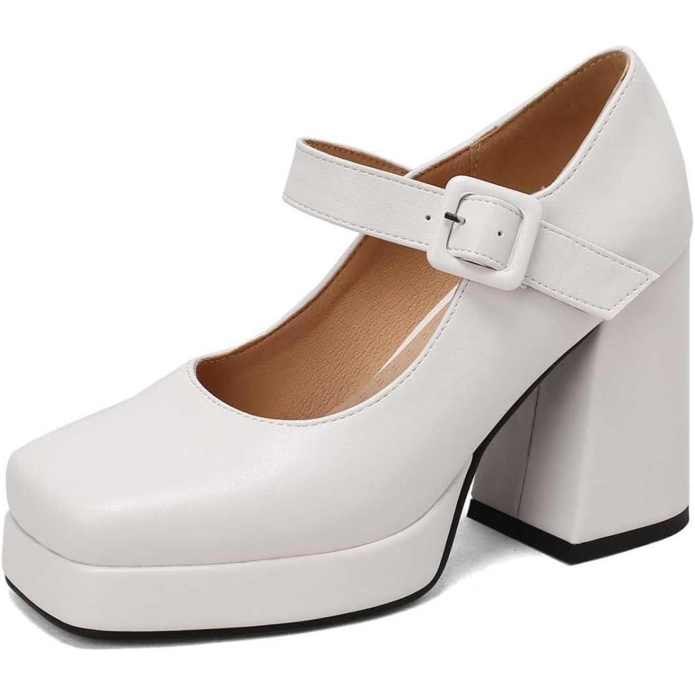 image:imageEscarpins talons hauts lgants pour femme de style rtro Mary Jane Talon pais Bout carr Chaussures lgantes pour des occasions lgantesBlanc