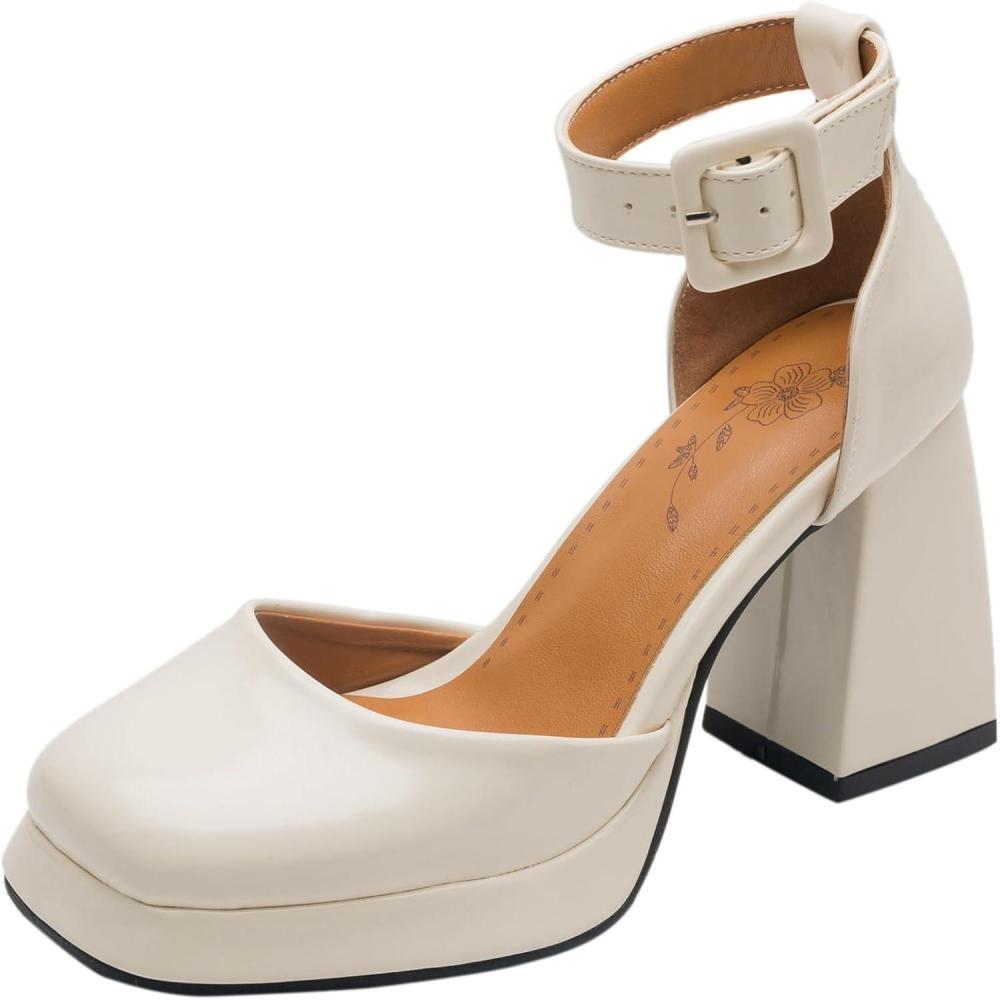 image:imageEscarpins talons pais pour femme avec boucle de cheville Chaussures plateforme avec pointe carreBeige
